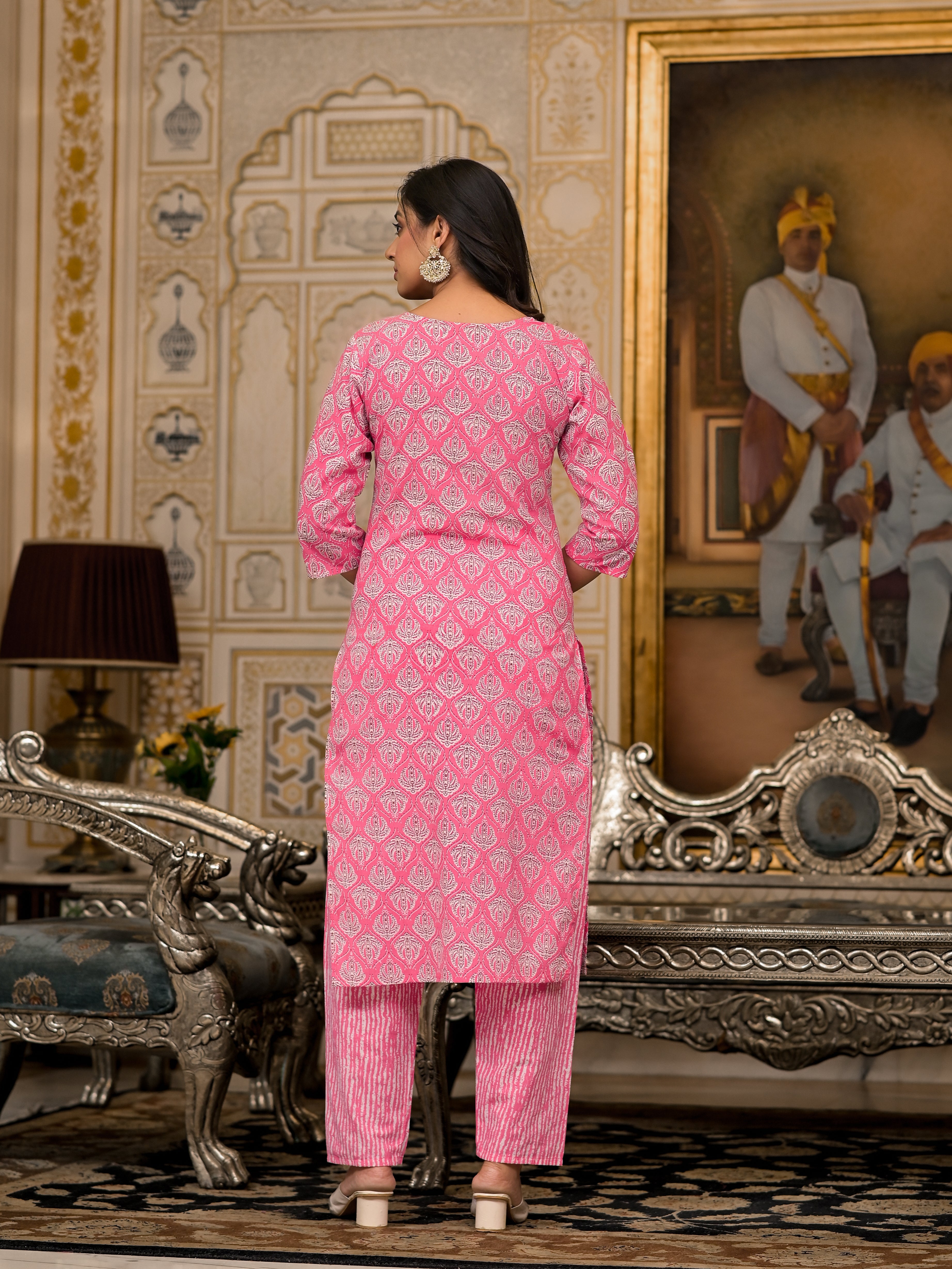 Juniper Pink Ethnic Motif Printed Cotton Kurta, Pant And Dupatta Set With Thread And Mirror Work