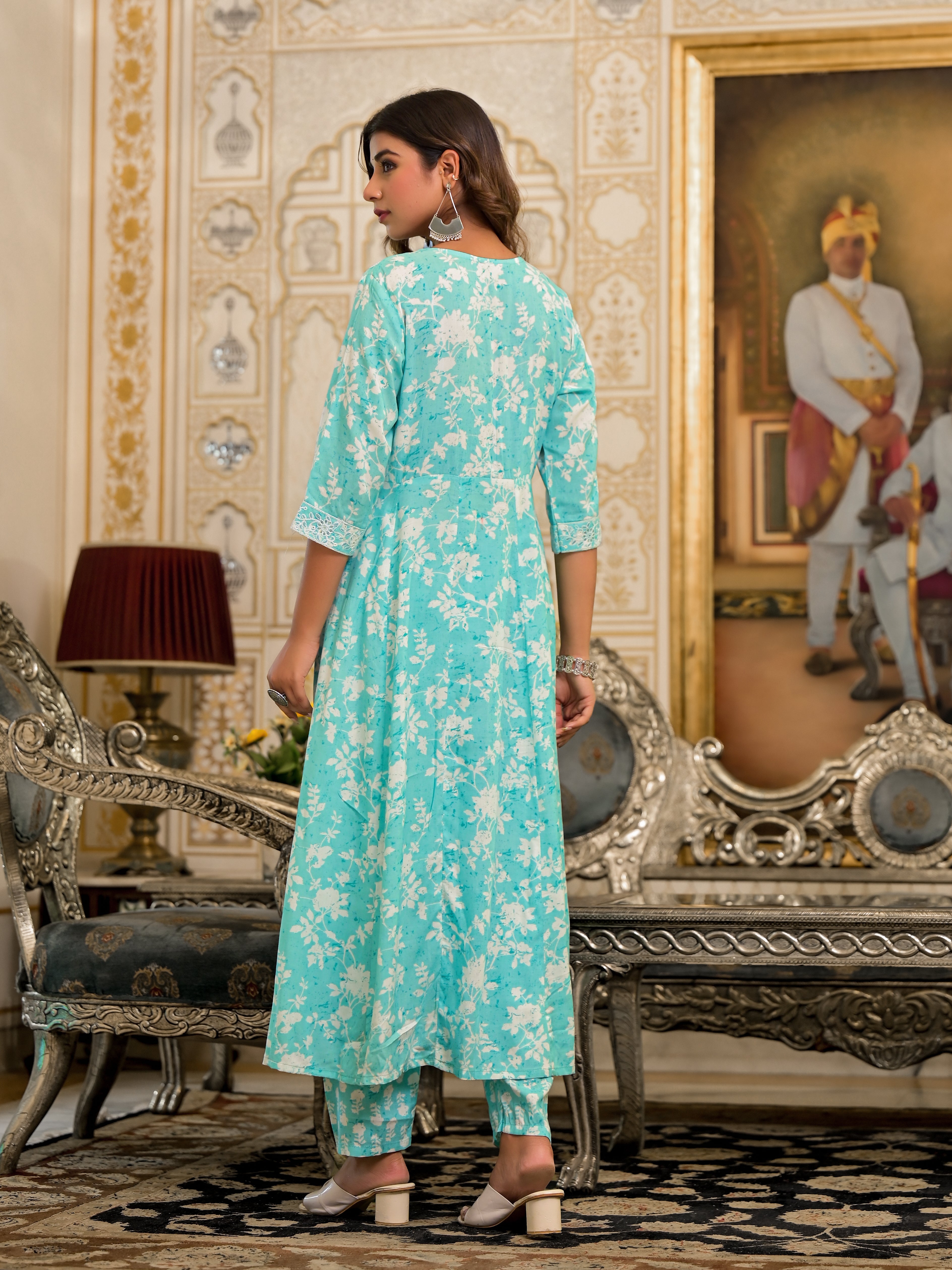 Juniper Green Floral Printed Rayon Kurta, Pant And Dupatta Set With Thread & Sequins Work