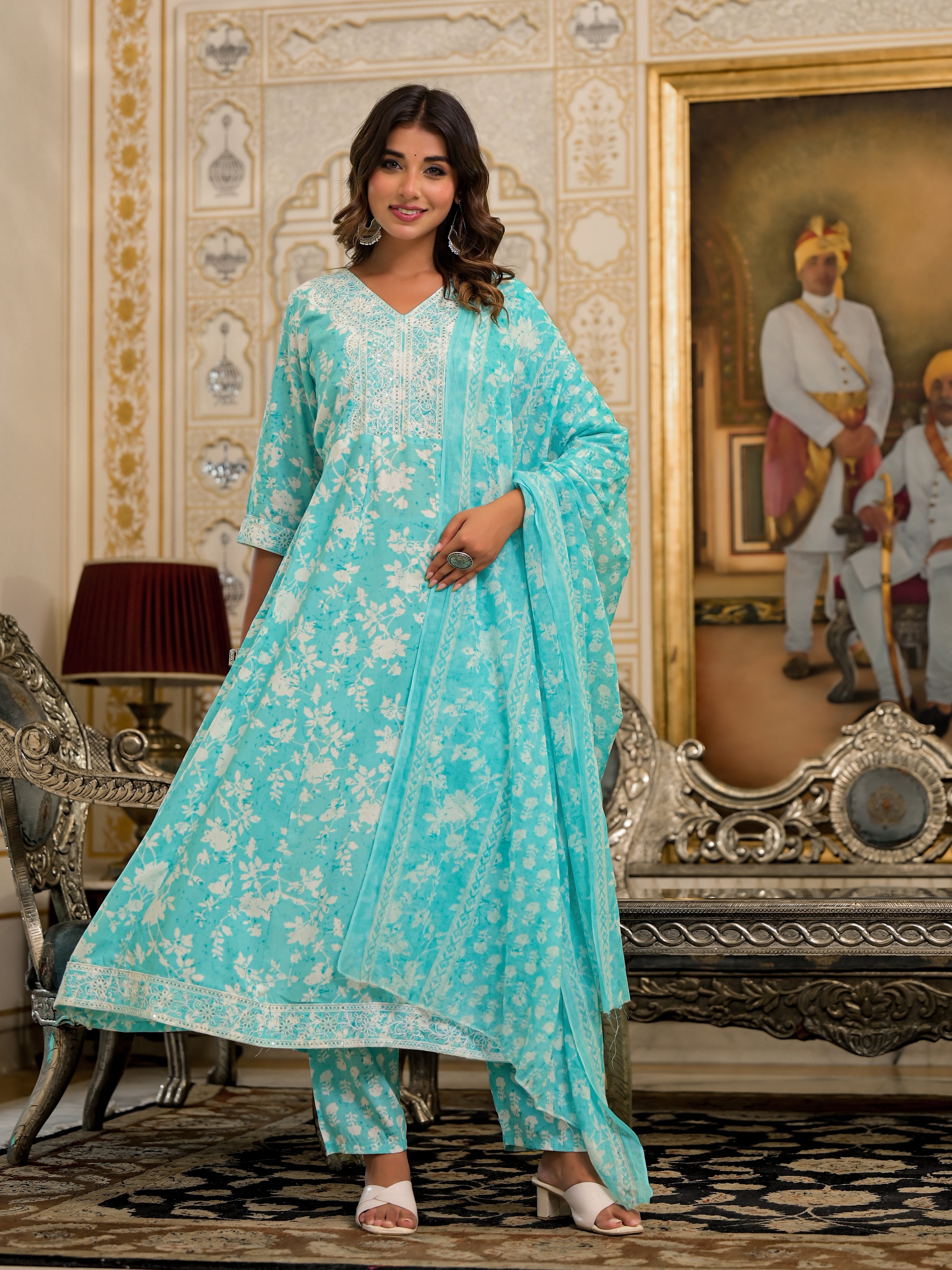 Juniper Green Floral Printed Rayon Kurta, Pant And Dupatta Set With Thread & Sequins Work