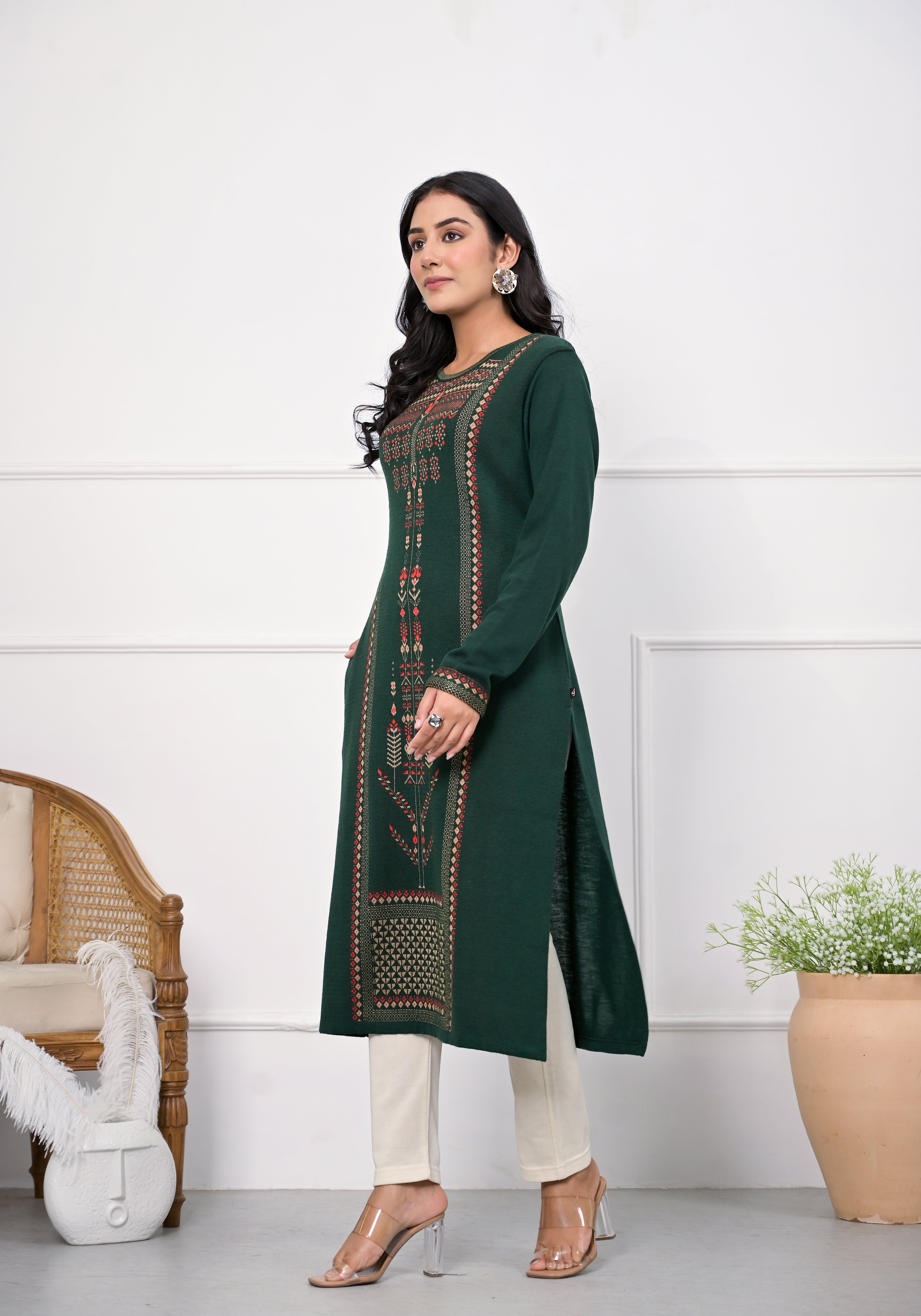 Bottle Green Ethnic Motif Printed Cotton Kurta