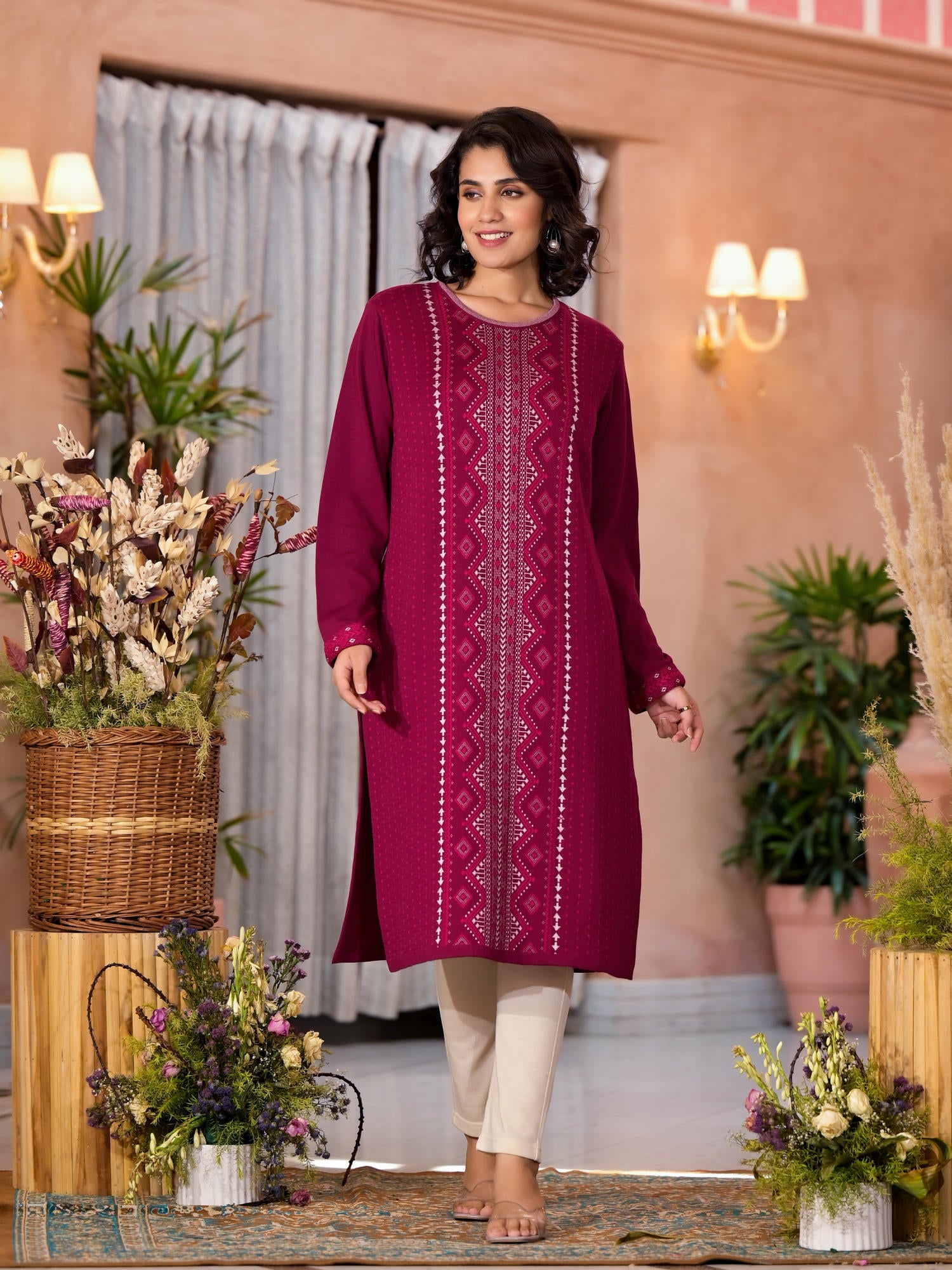 Purple Ethnic Motif Printed Polycotton Winter Wear Kurta
