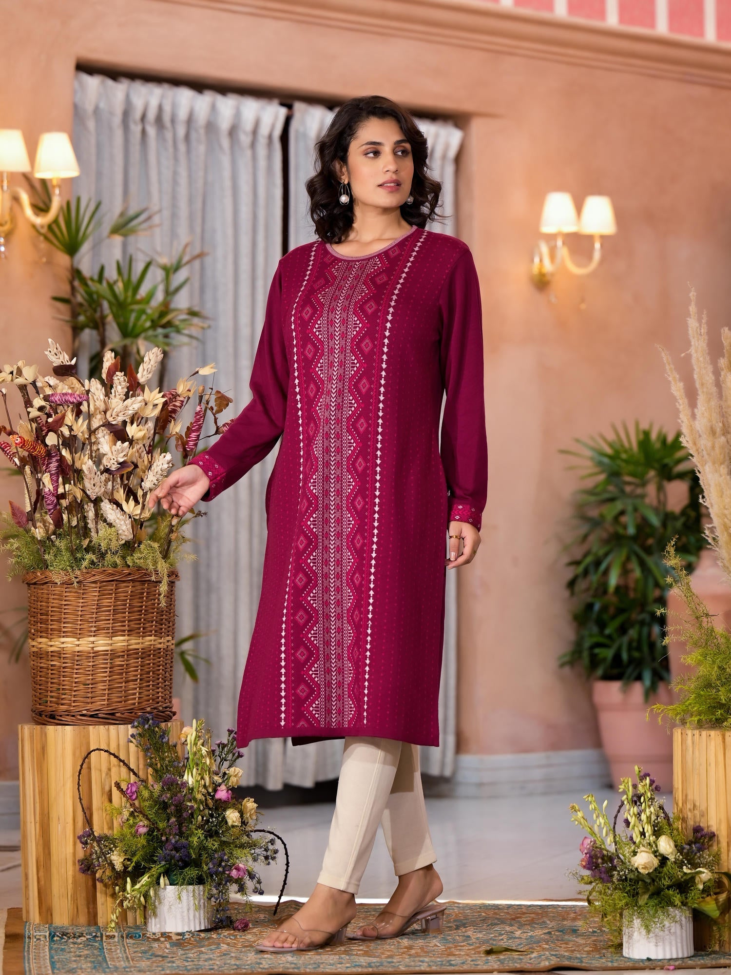 Purple Ethnic Motif Printed Polycotton Winter Wear Kurta