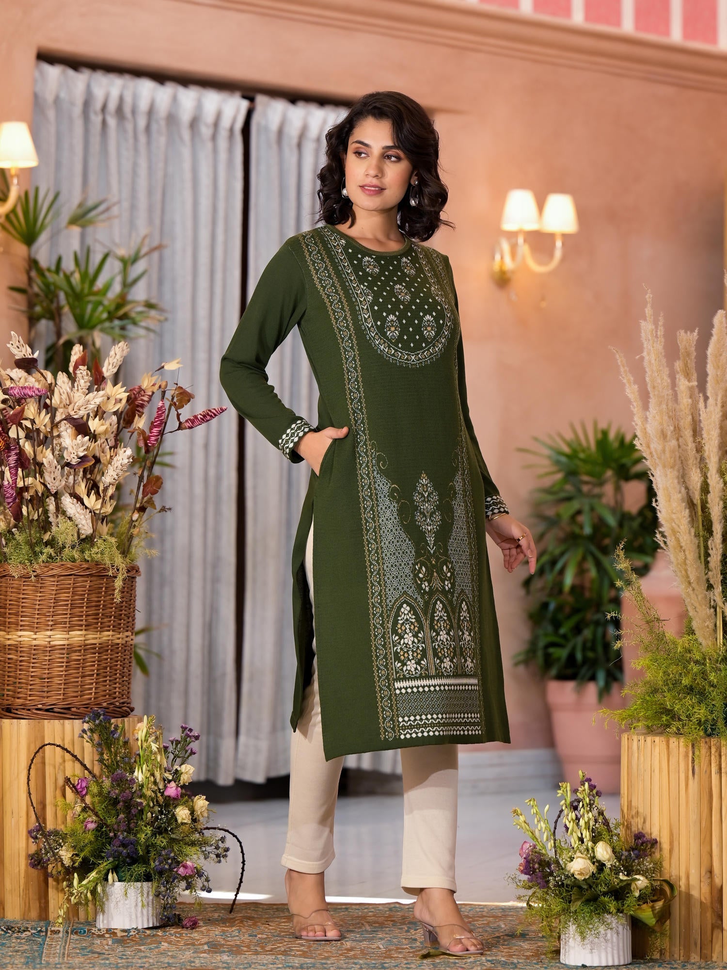 Olive Ethnic Motif Printed Polycotton Winter Wear Kurta