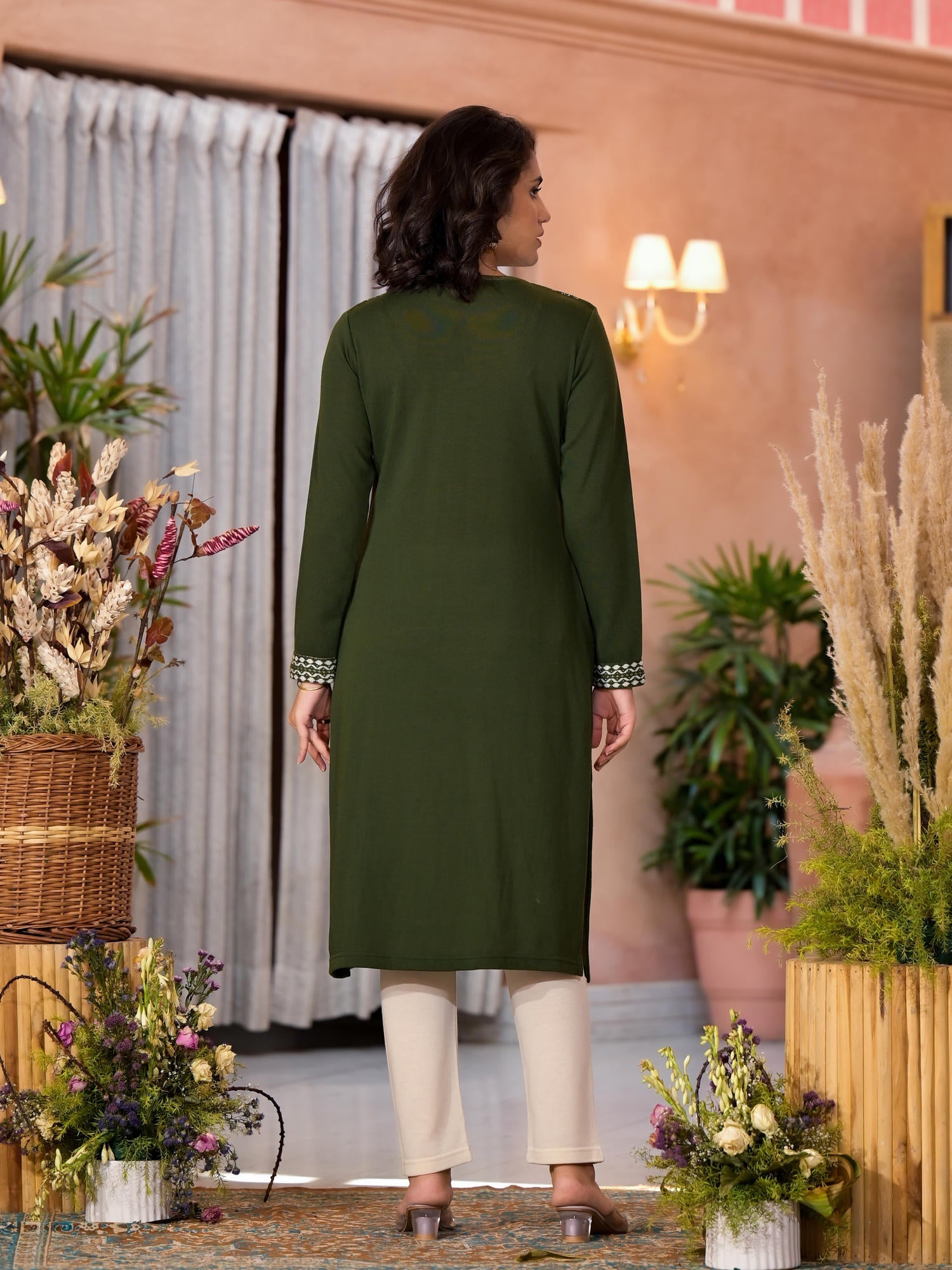 Olive Ethnic Motif Printed Polycotton Winter Wear Kurta