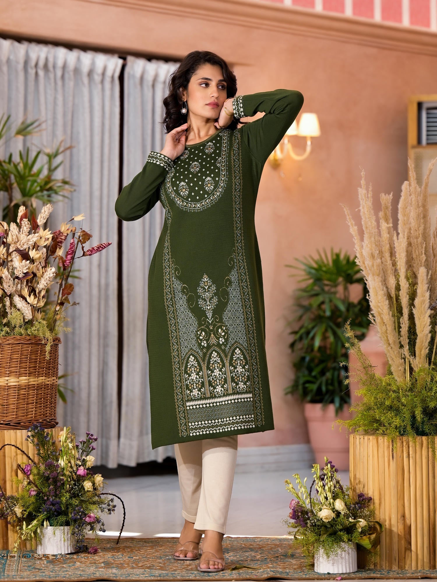 Olive Ethnic Motif Printed Polycotton Winter Wear Kurta