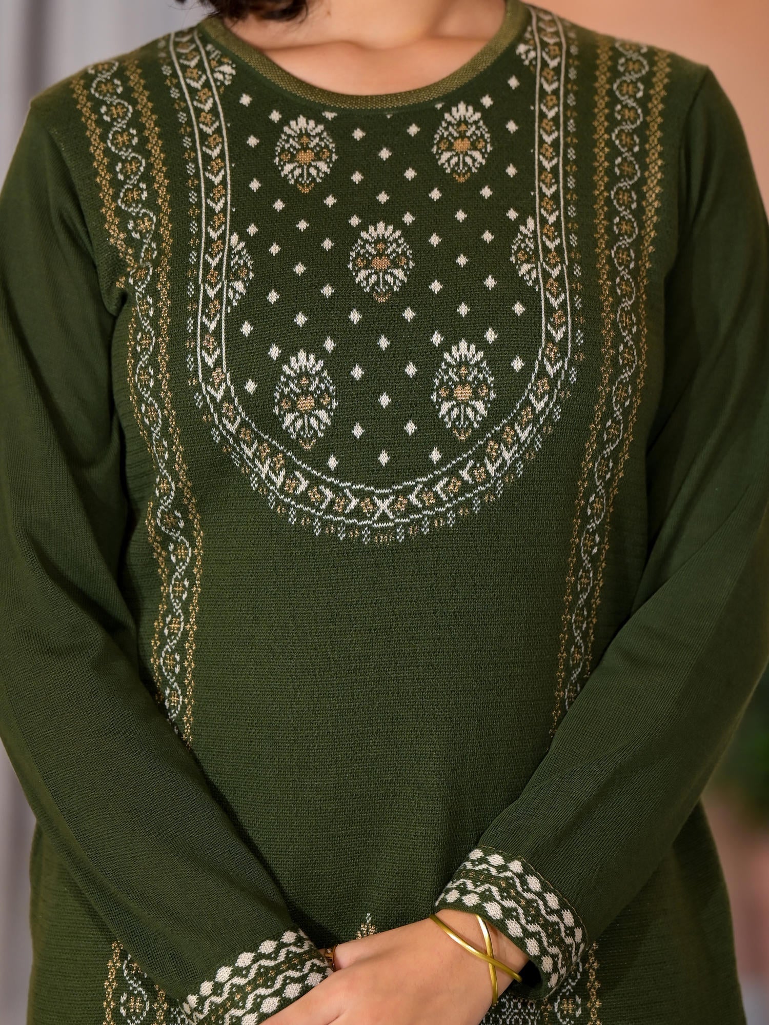 Olive Ethnic Motif Printed Polycotton Winter Wear Kurta