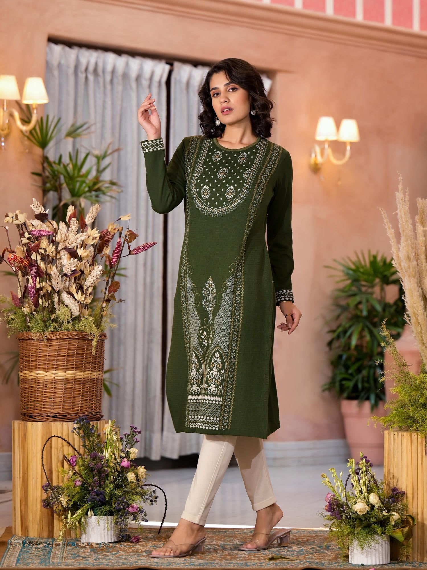 Olive Ethnic Motif Printed Polycotton Winter Wear Kurta