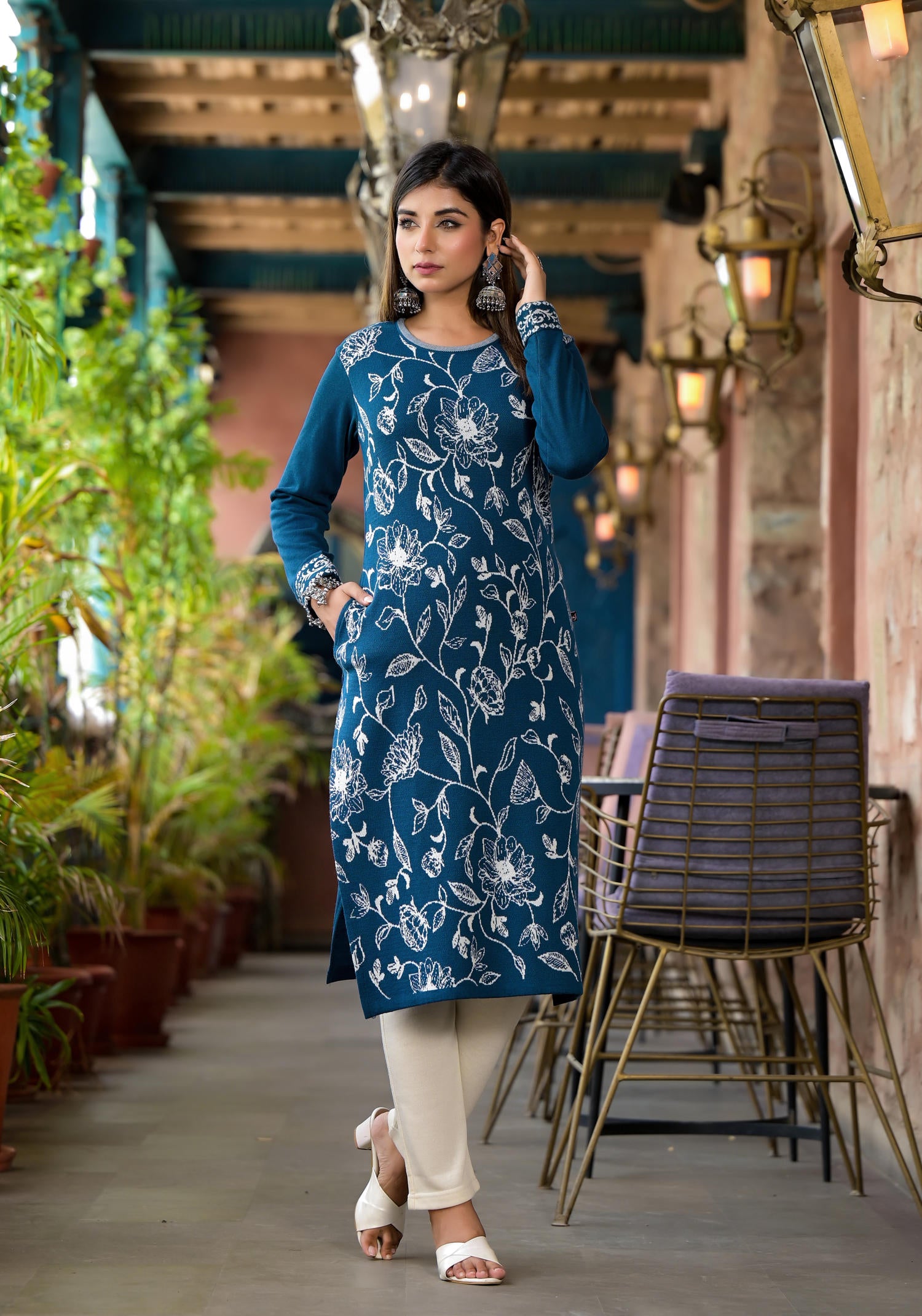 Blue Floral Printed Polycotton Winter Wear Kurta