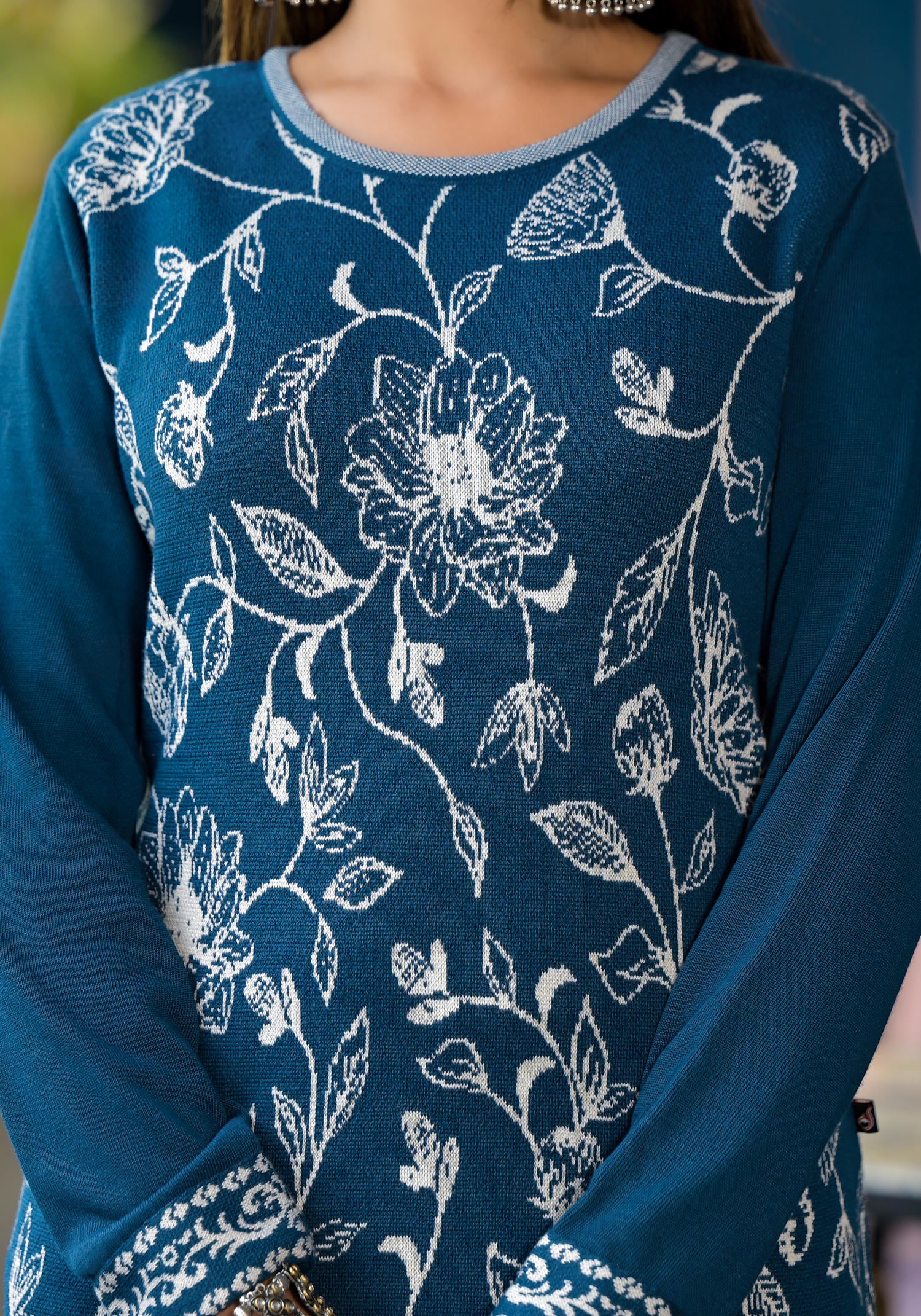 Blue Floral Printed Polycotton Winter Wear Kurta