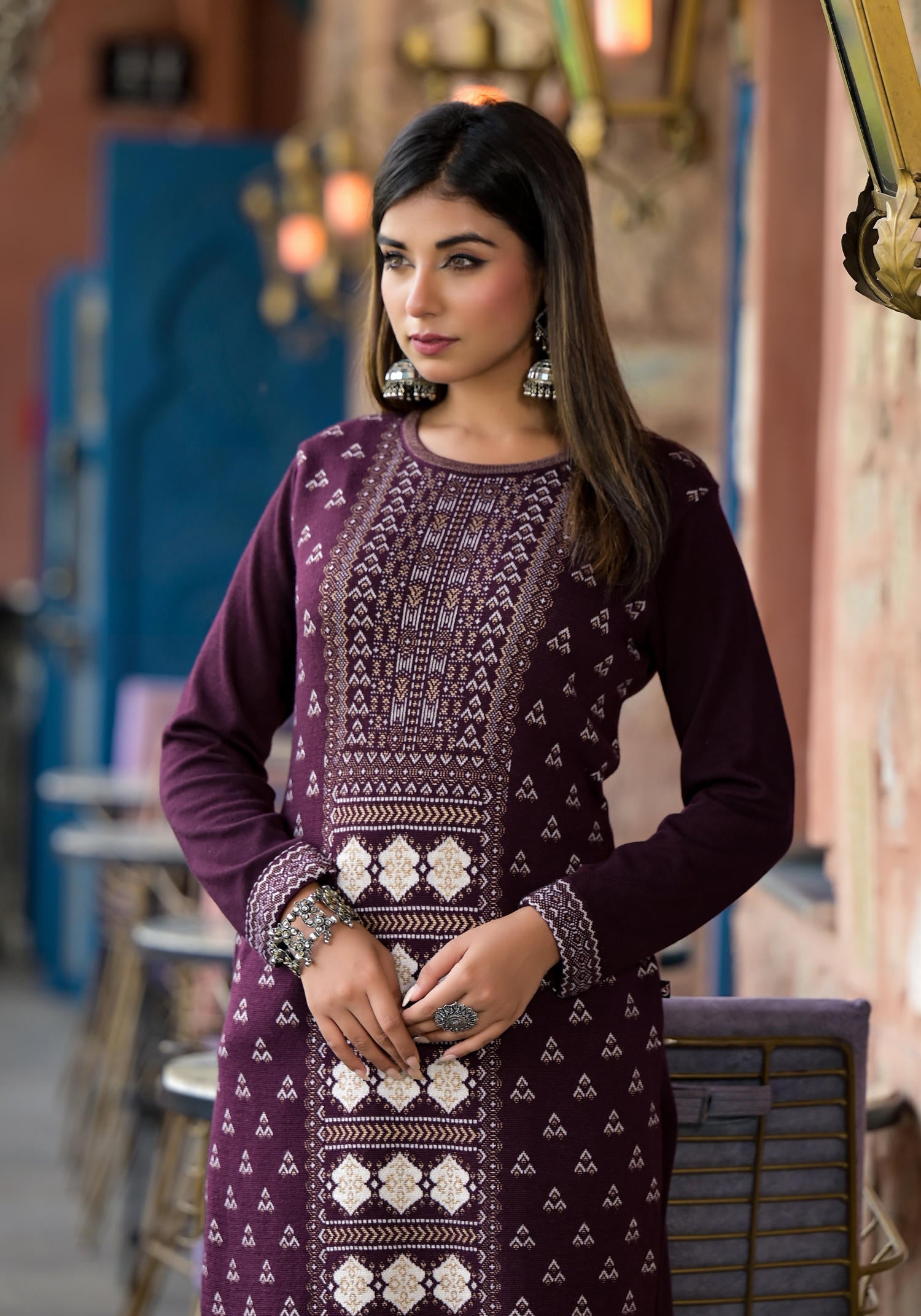 Mauve Ethnic Motif Printed Polycotton Winter Wear Kurta