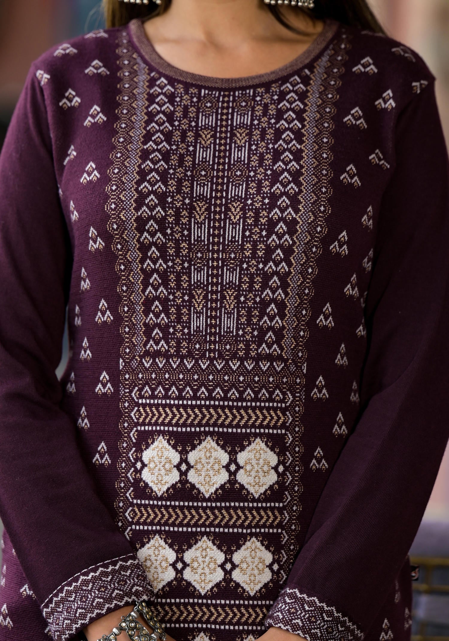 Mauve Ethnic Motif Printed Polycotton Winter Wear Kurta