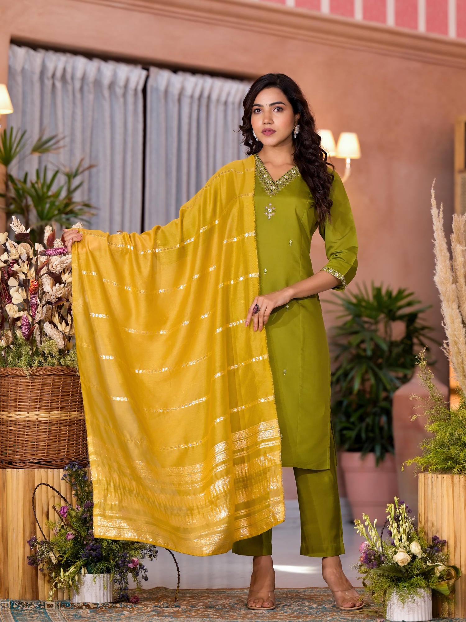 Green Zari & Thread Work Embroidered Viscose Kurta Pant And Dupatta Set