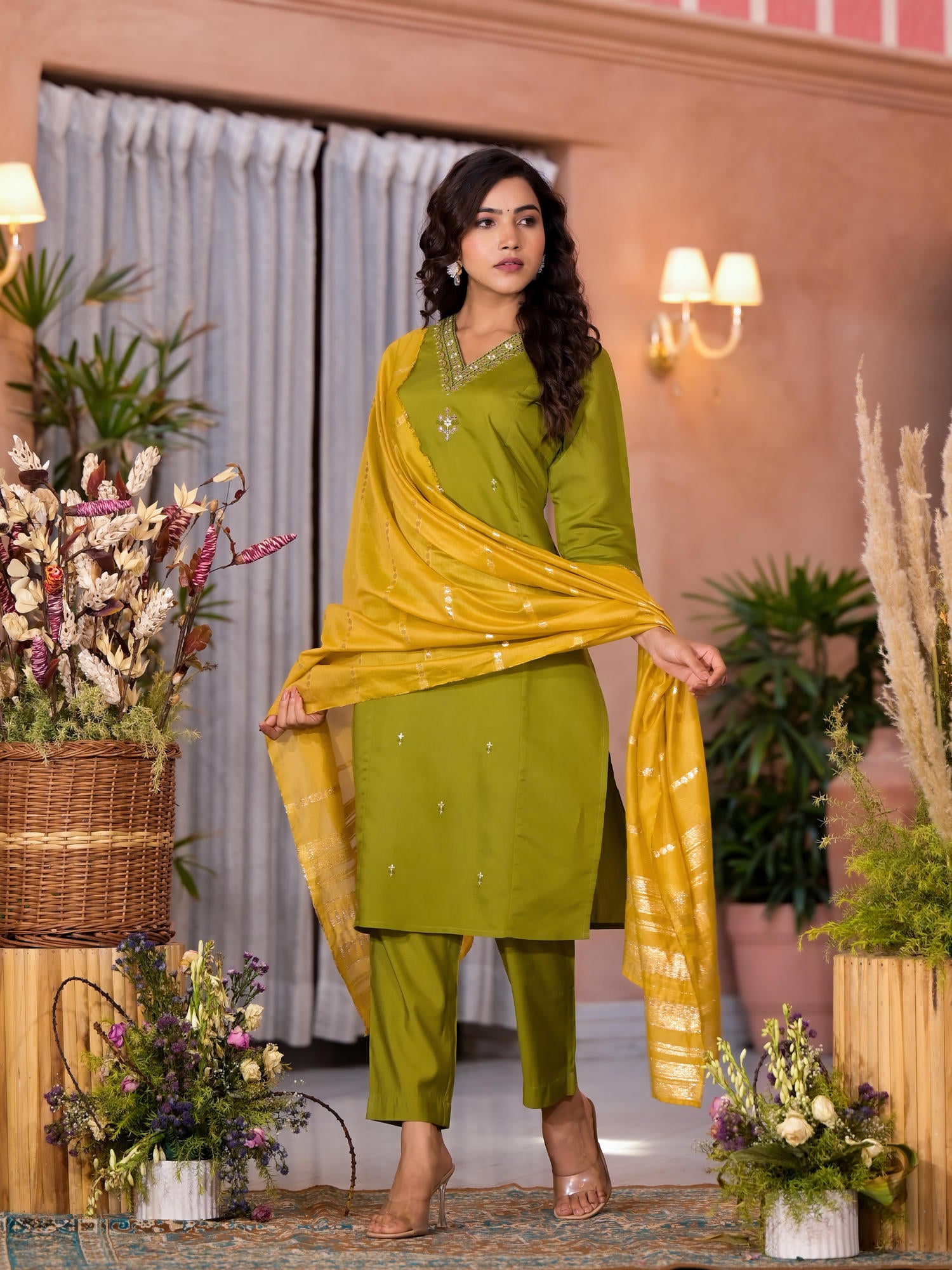 Green Zari & Thread Work Embroidered Viscose Kurta Pant And Dupatta Set