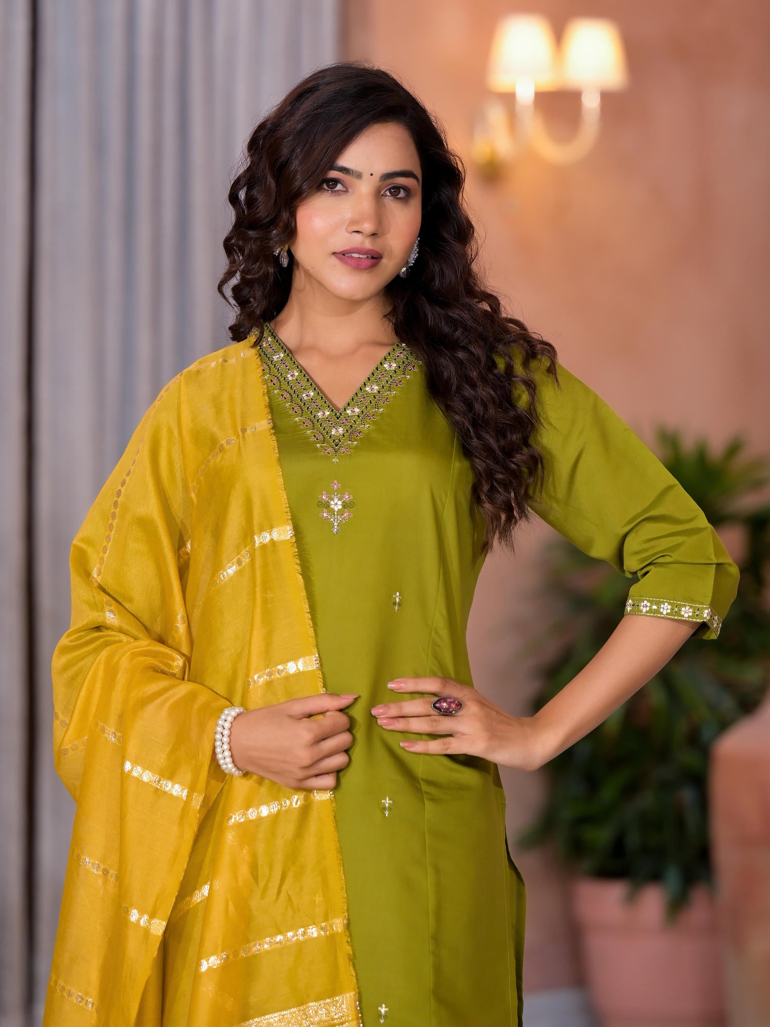 Green Zari & Thread Work Embroidered Viscose Kurta Pant And Dupatta Set