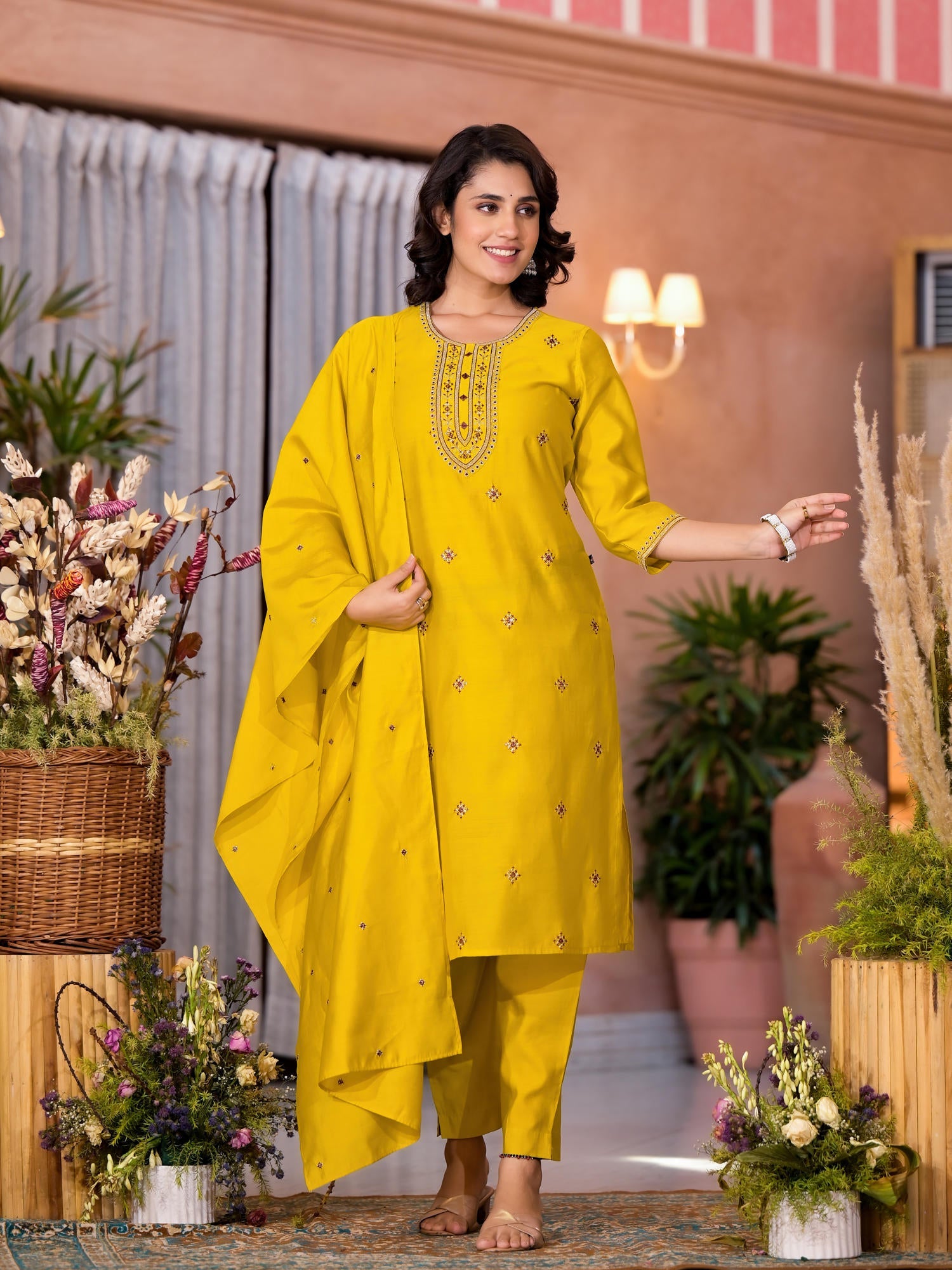 Yellow Thread Embroidered Viscose Kurta Pant And Dupatta Set With Zari Work