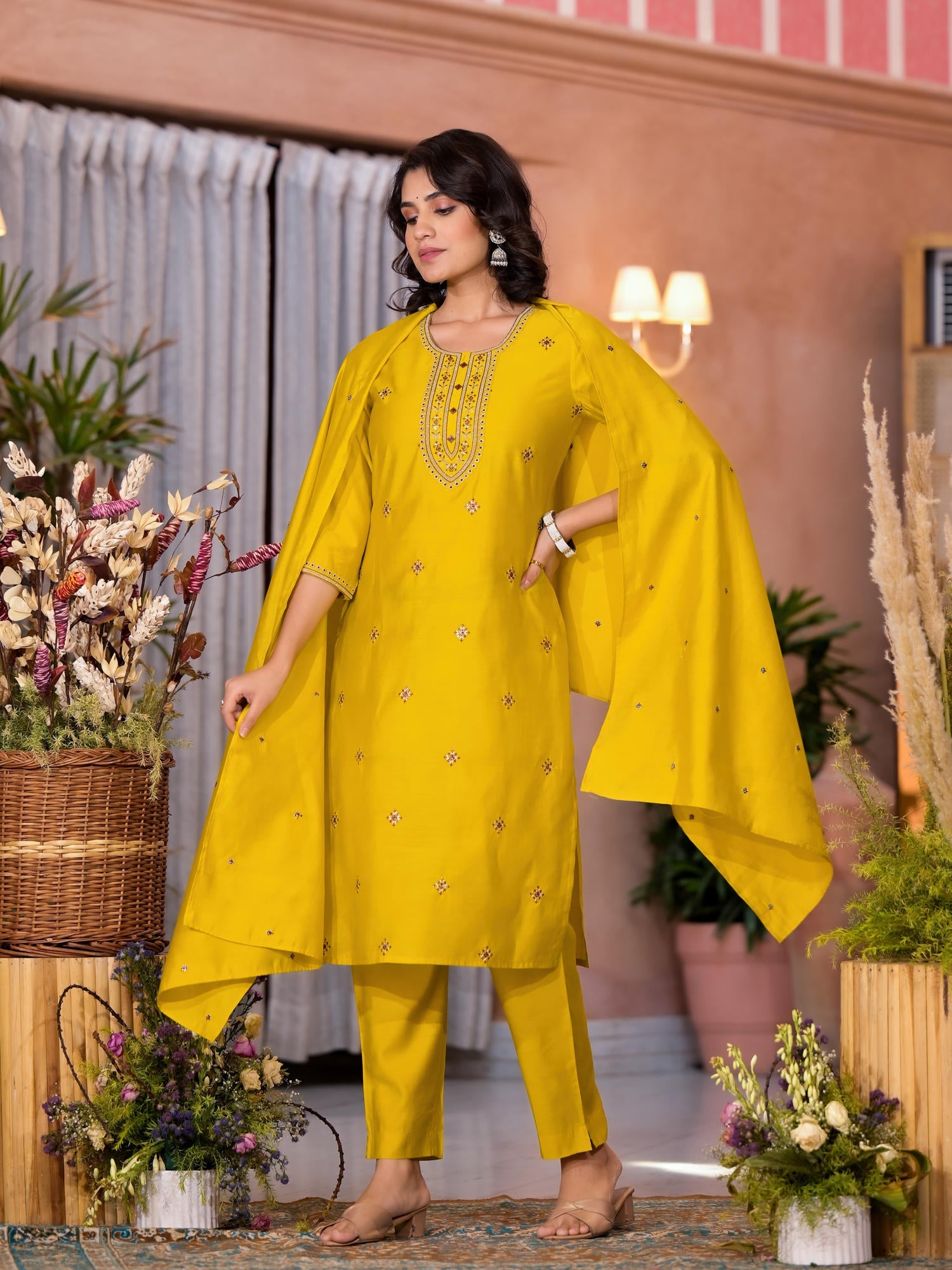 Yellow Thread Embroidered Viscose Kurta Pant And Dupatta Set With Zari Work