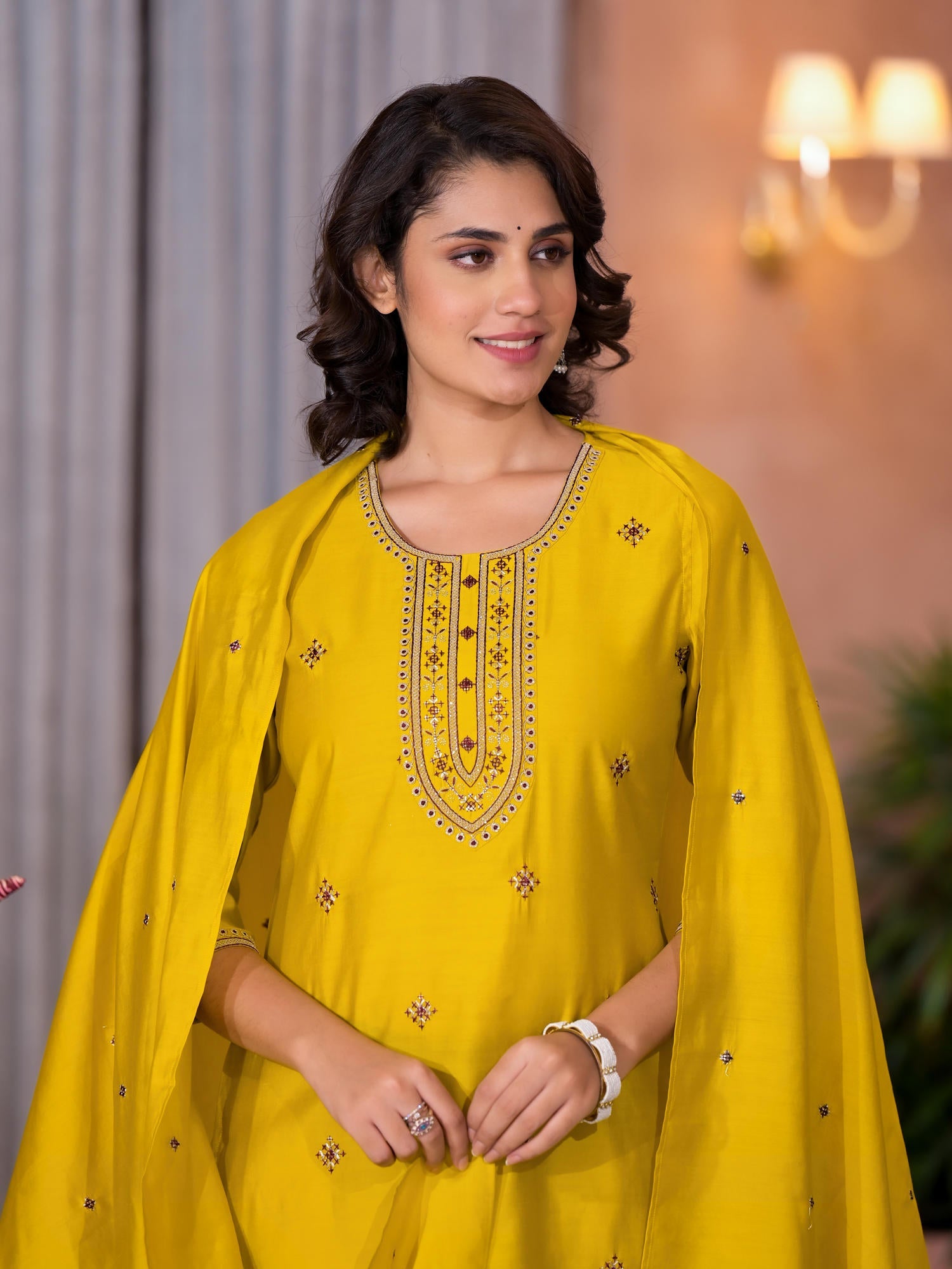 Yellow Thread Embroidered Viscose Kurta Pant And Dupatta Set With Zari Work