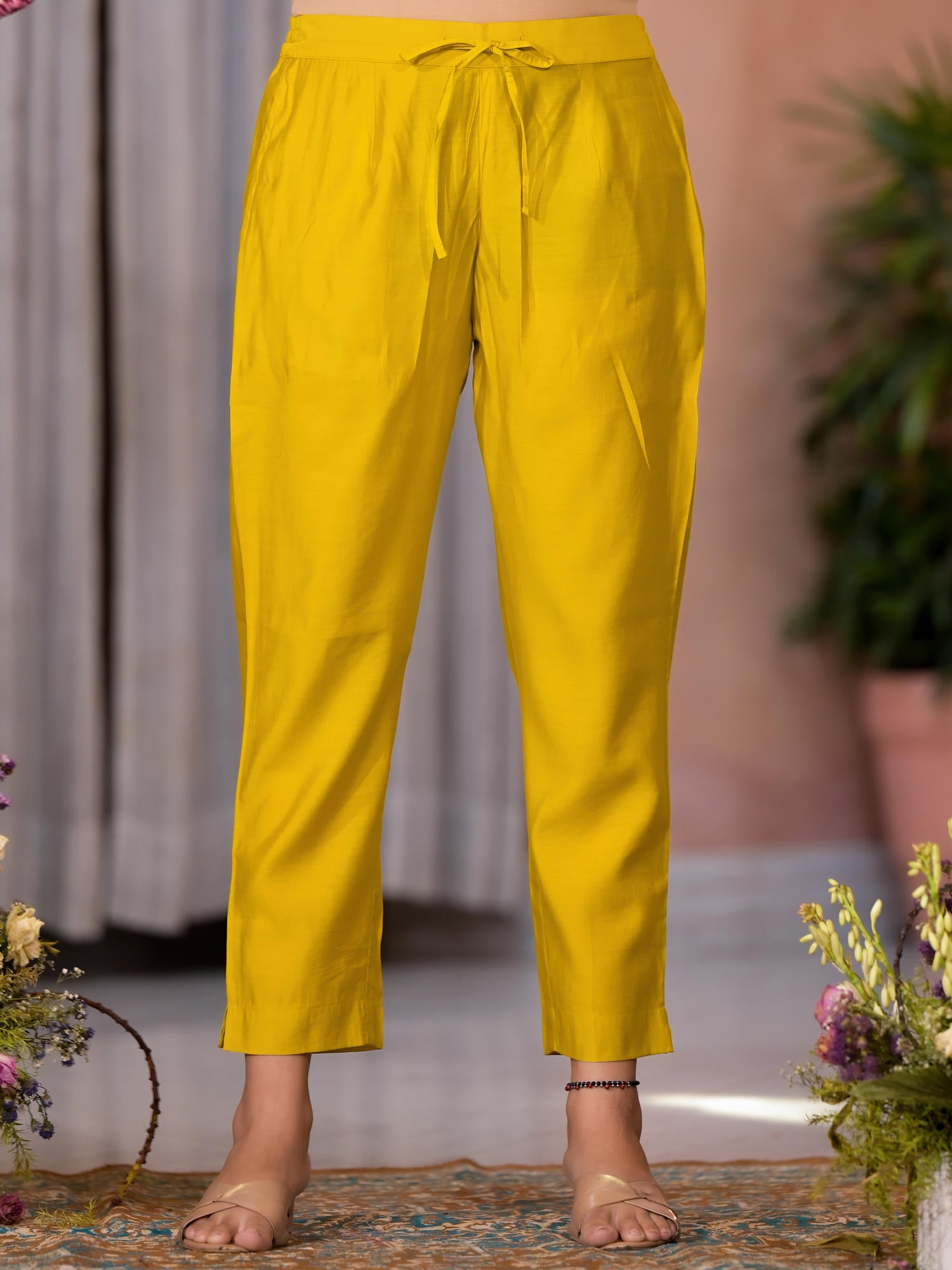 Yellow Thread Embroidered Viscose Kurta Pant And Dupatta Set With Zari Work
