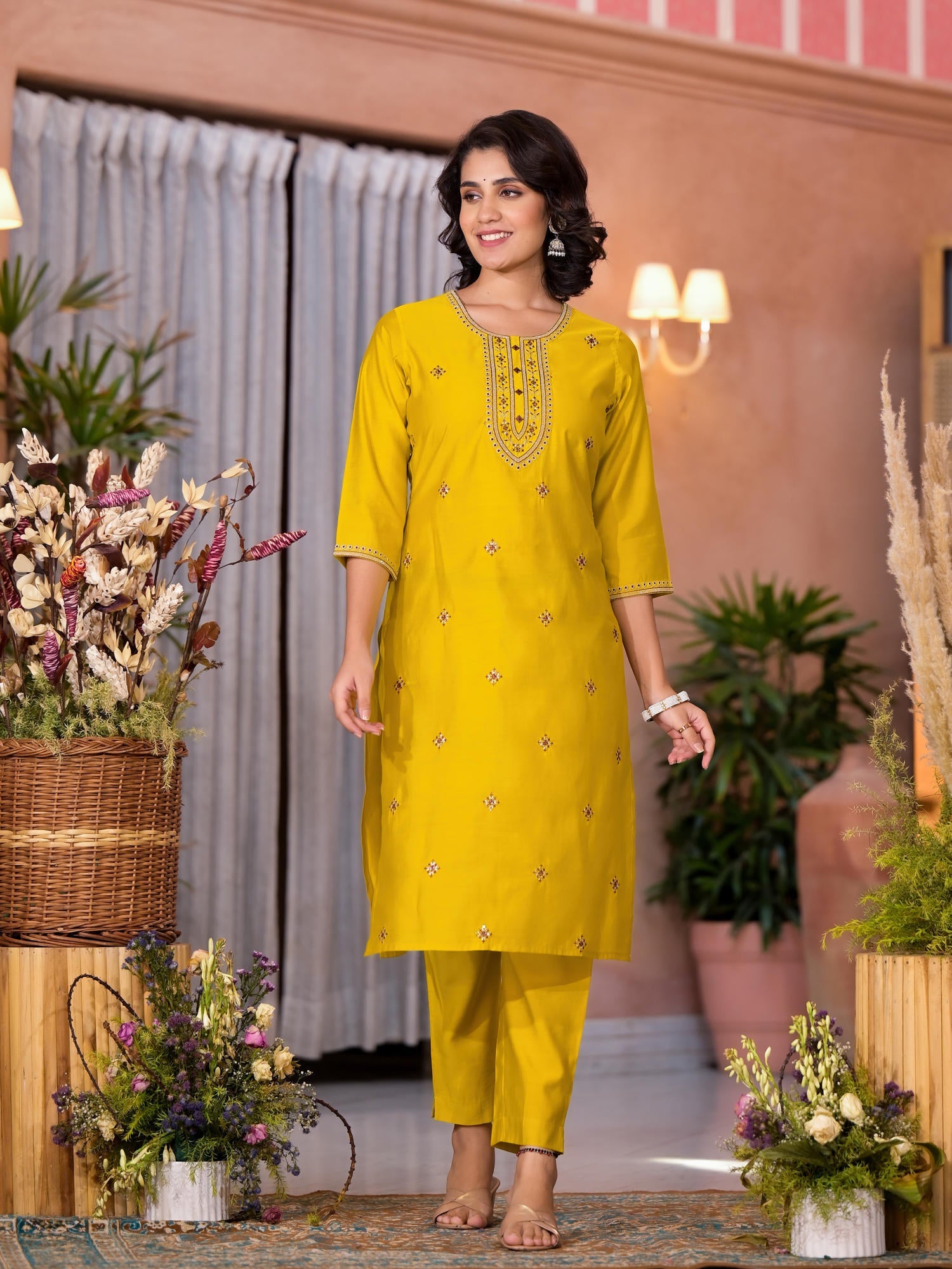 Yellow Thread Embroidered Viscose Kurta Pant And Dupatta Set With Zari Work