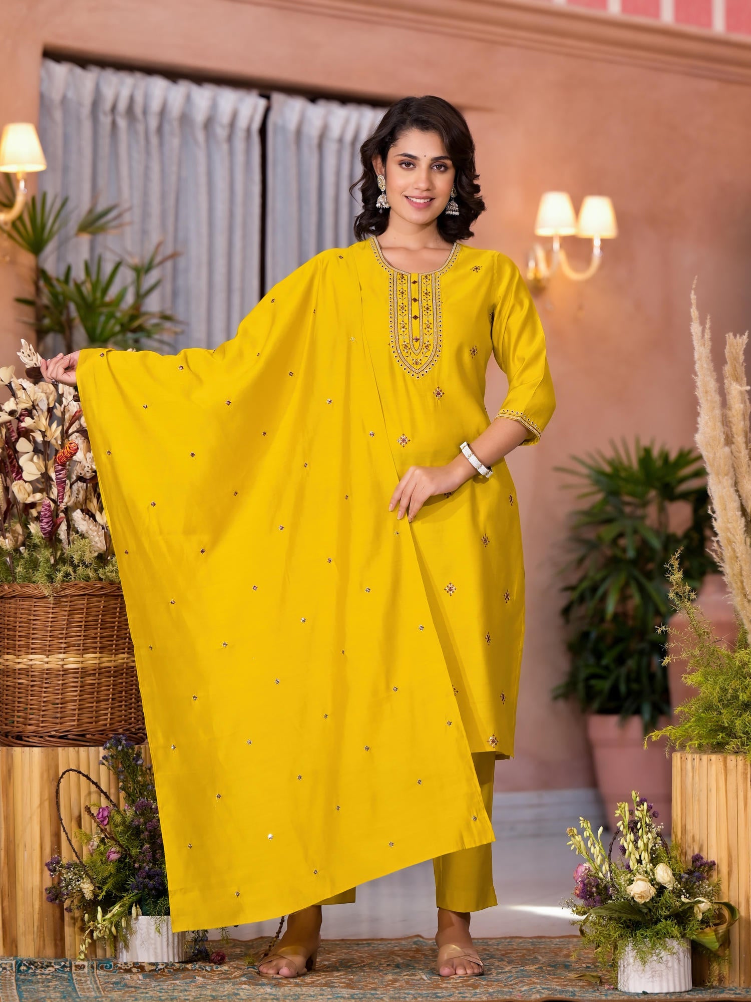 Yellow Thread Embroidered Viscose Kurta Pant And Dupatta Set With Zari Work