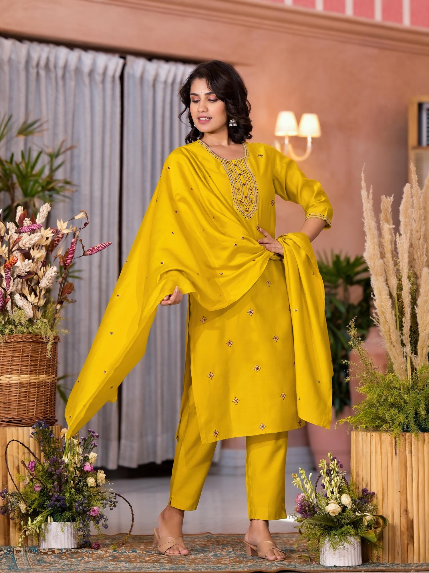Yellow Thread Embroidered Viscose Kurta Pant And Dupatta Set With Zari Work