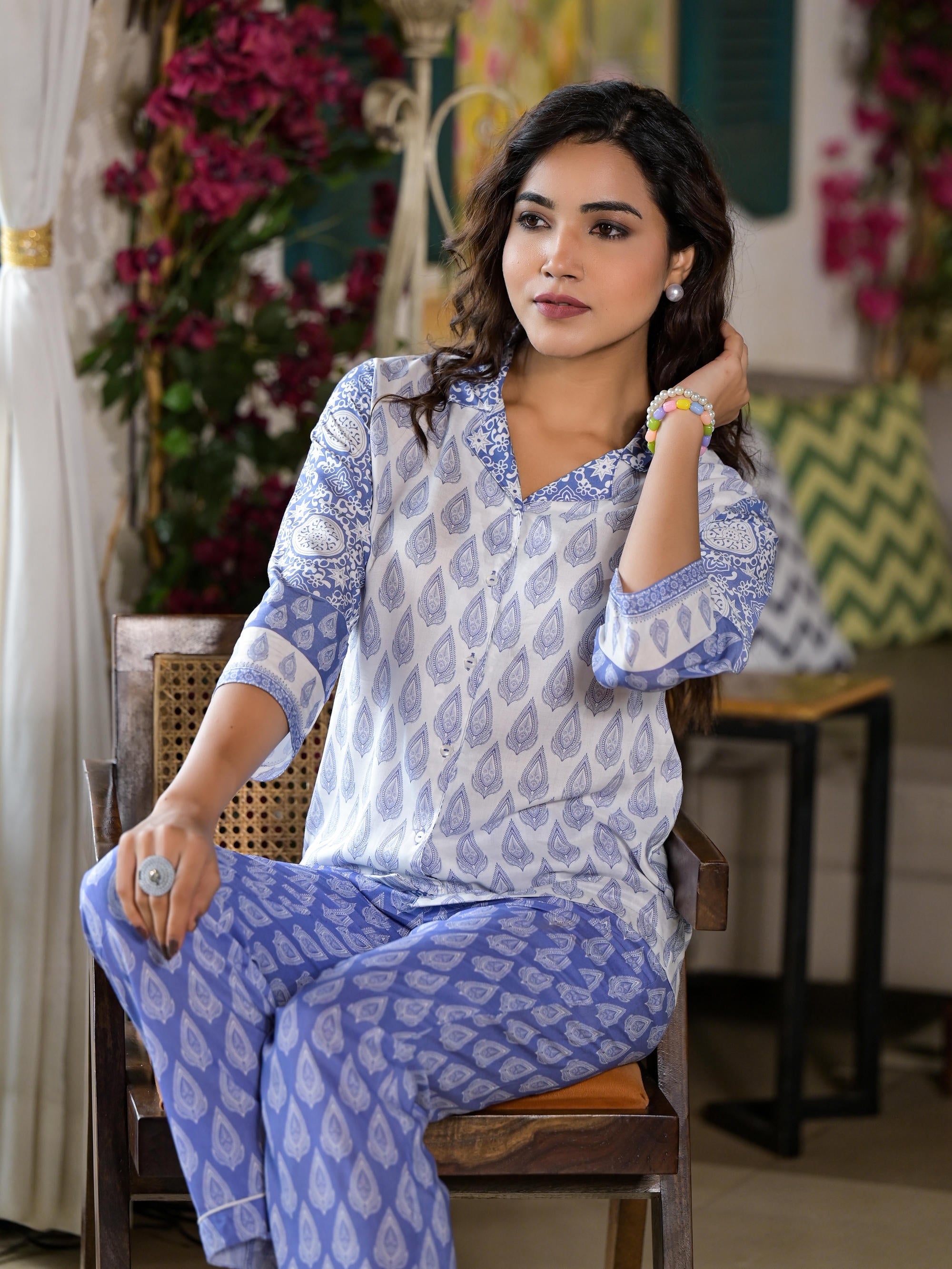 Purple Ethnic Motif Printed Viscose Kurta & Pants Set With Buttons