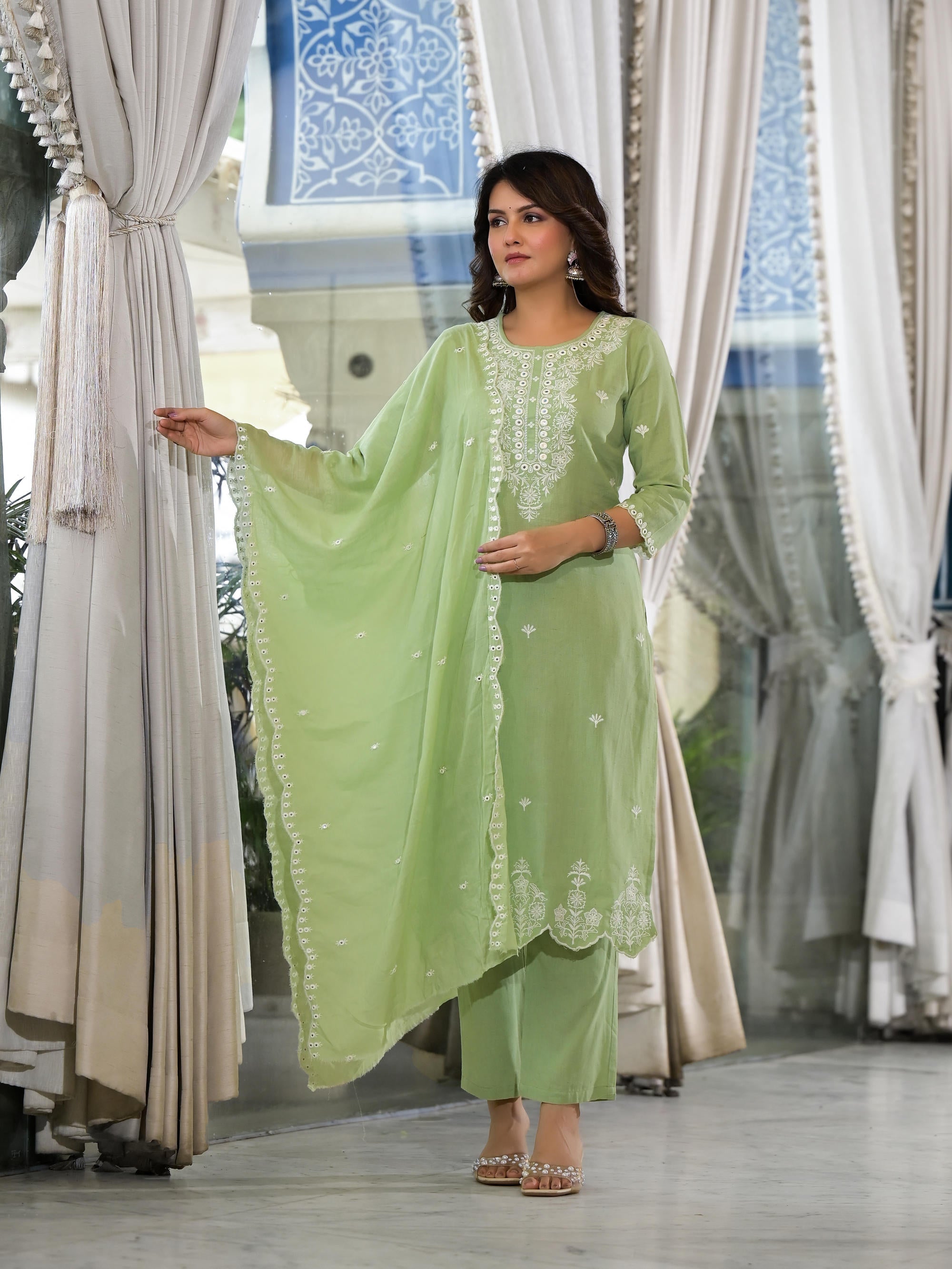 Pista Green Cotton Kurta Set With Mirror & thread Work