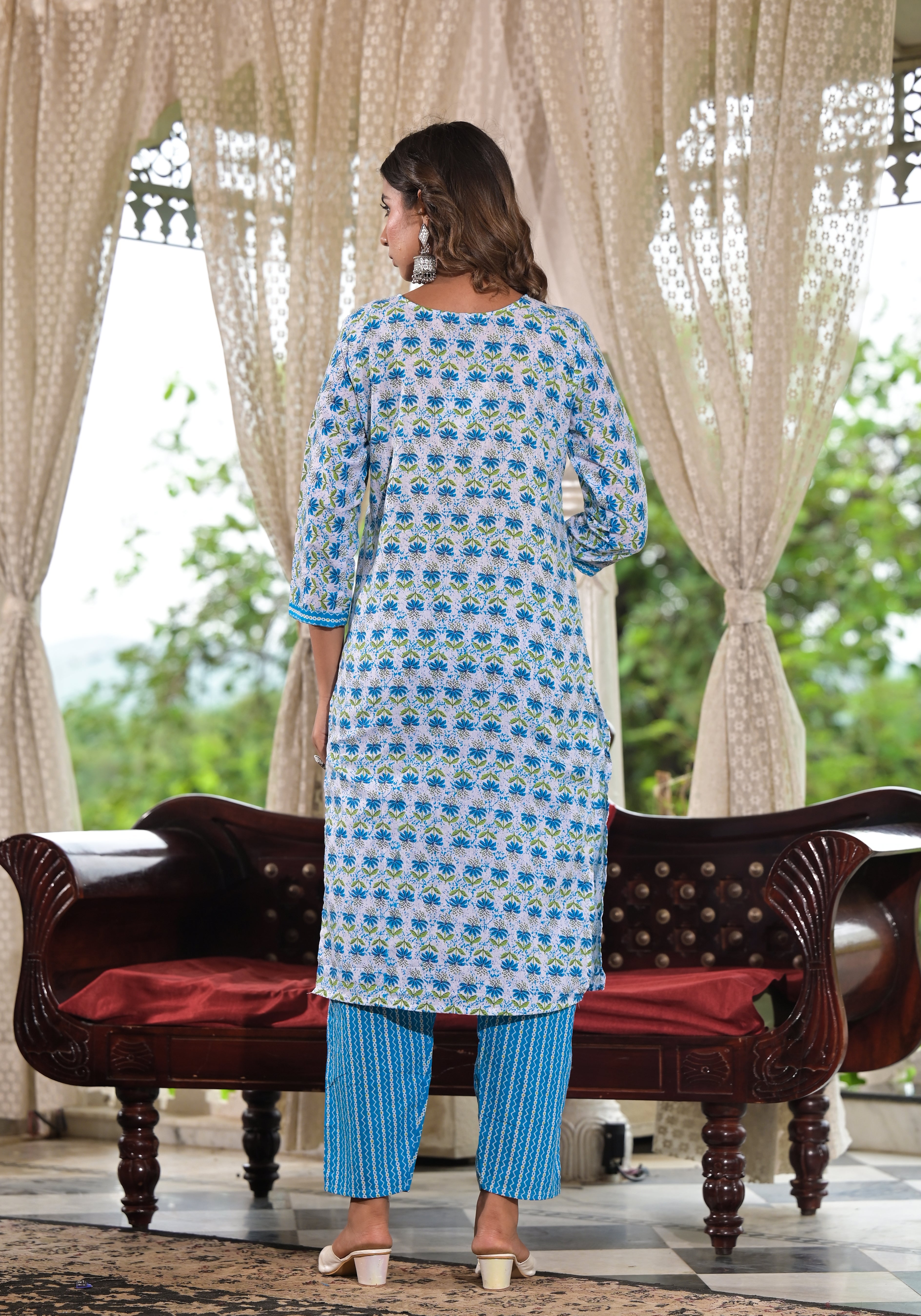 Juniper Sky Blue Ethnic Motif Printed Cotton Kurta, Pant And Dupatta Set With Zari & Mirror Work