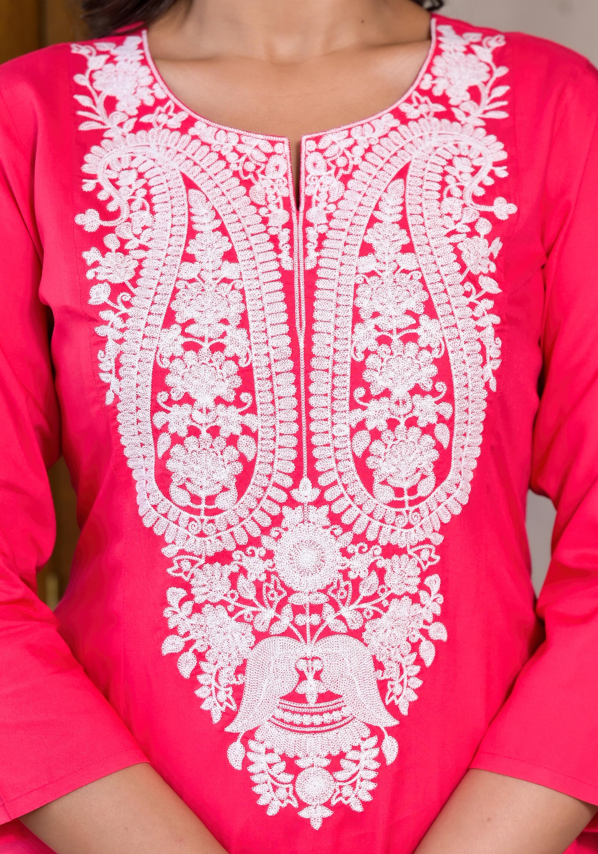 Fuchsia Thread Embroidered Liva Rayon Kurta Palazzo And Dupatta Set