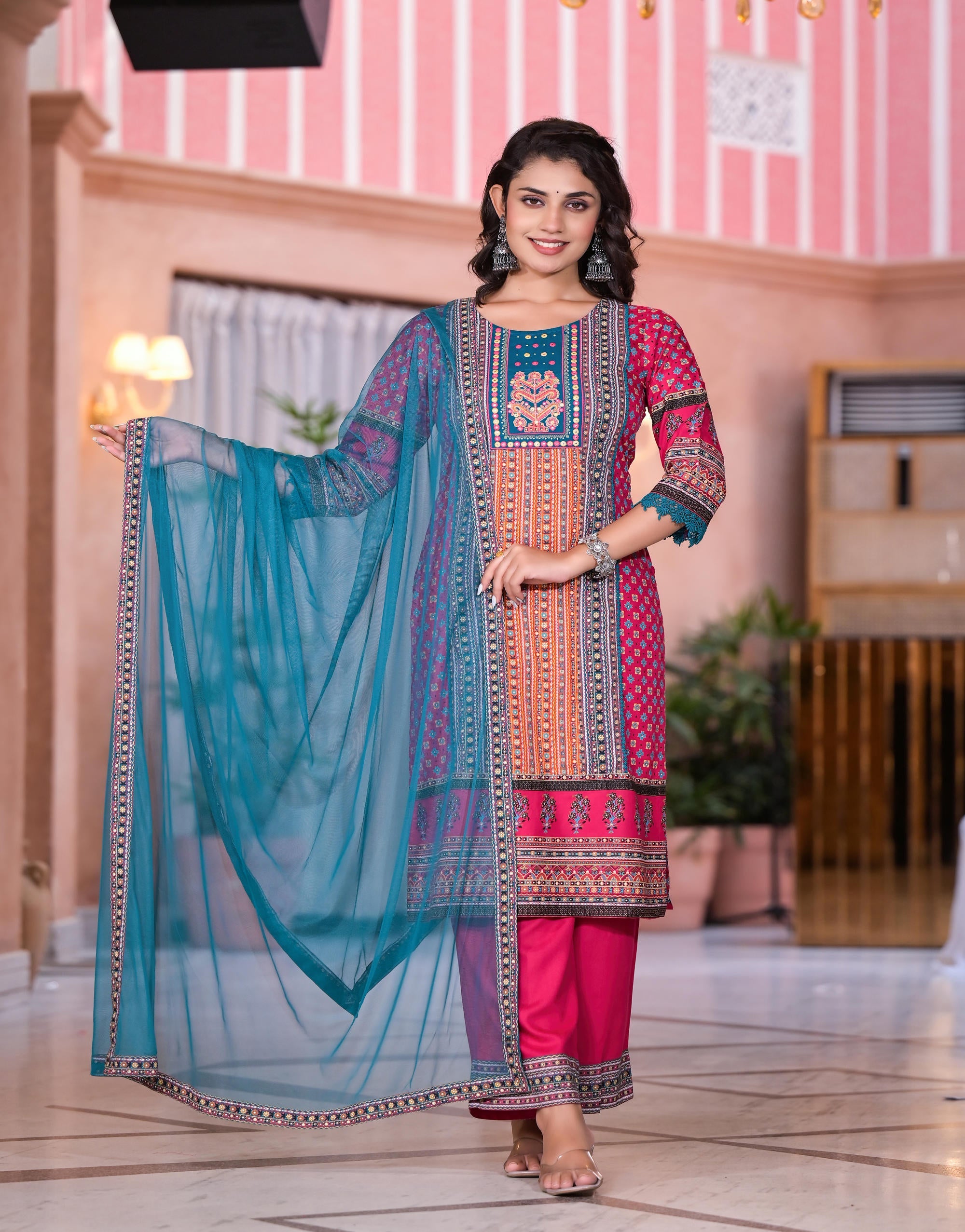 Fuchsia Ethnic Motif Printed Rayon Kurta Set With Thread & Mirror Work