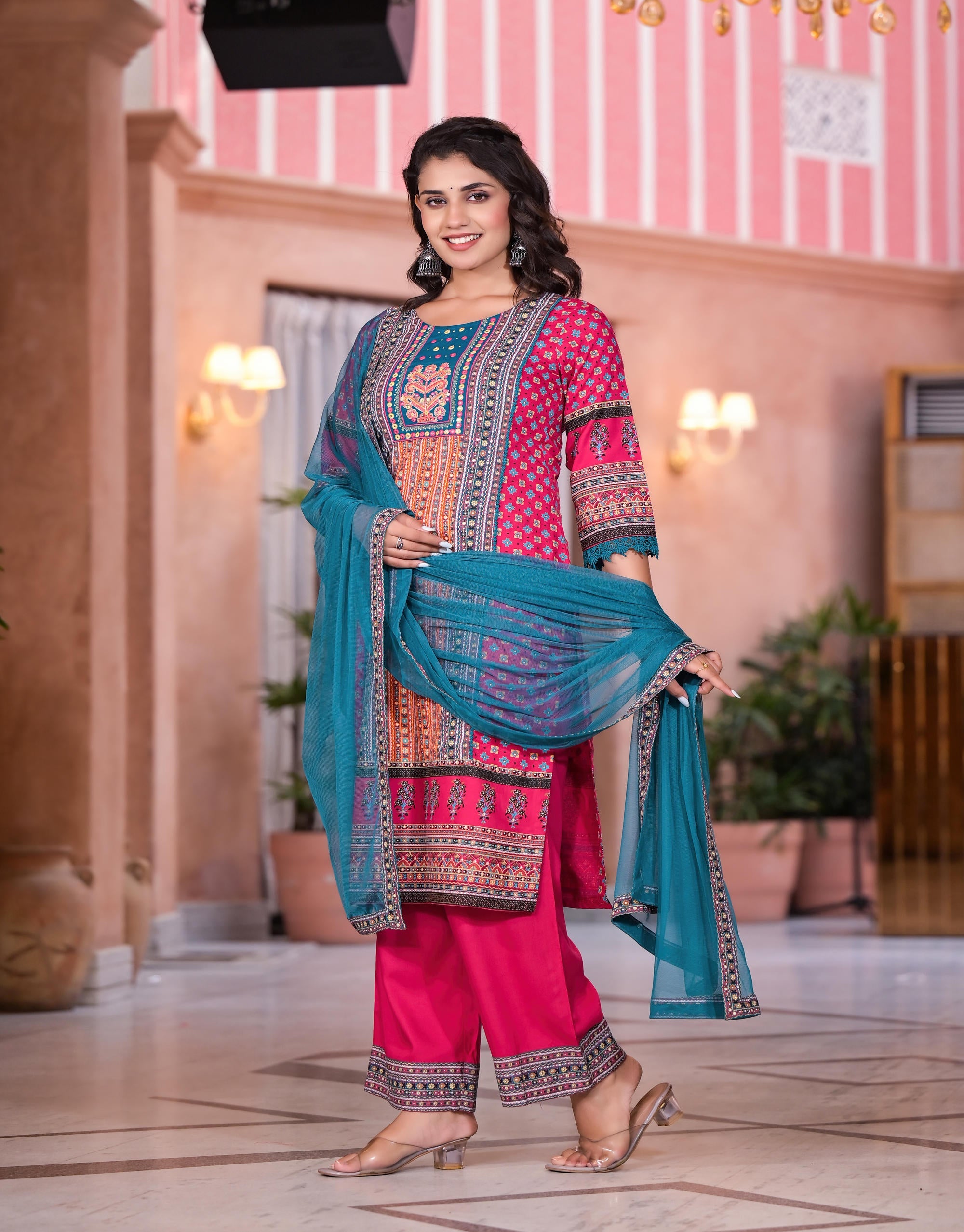 Fuchsia Ethnic Motif Printed Rayon Kurta Set With Thread & Mirror Work