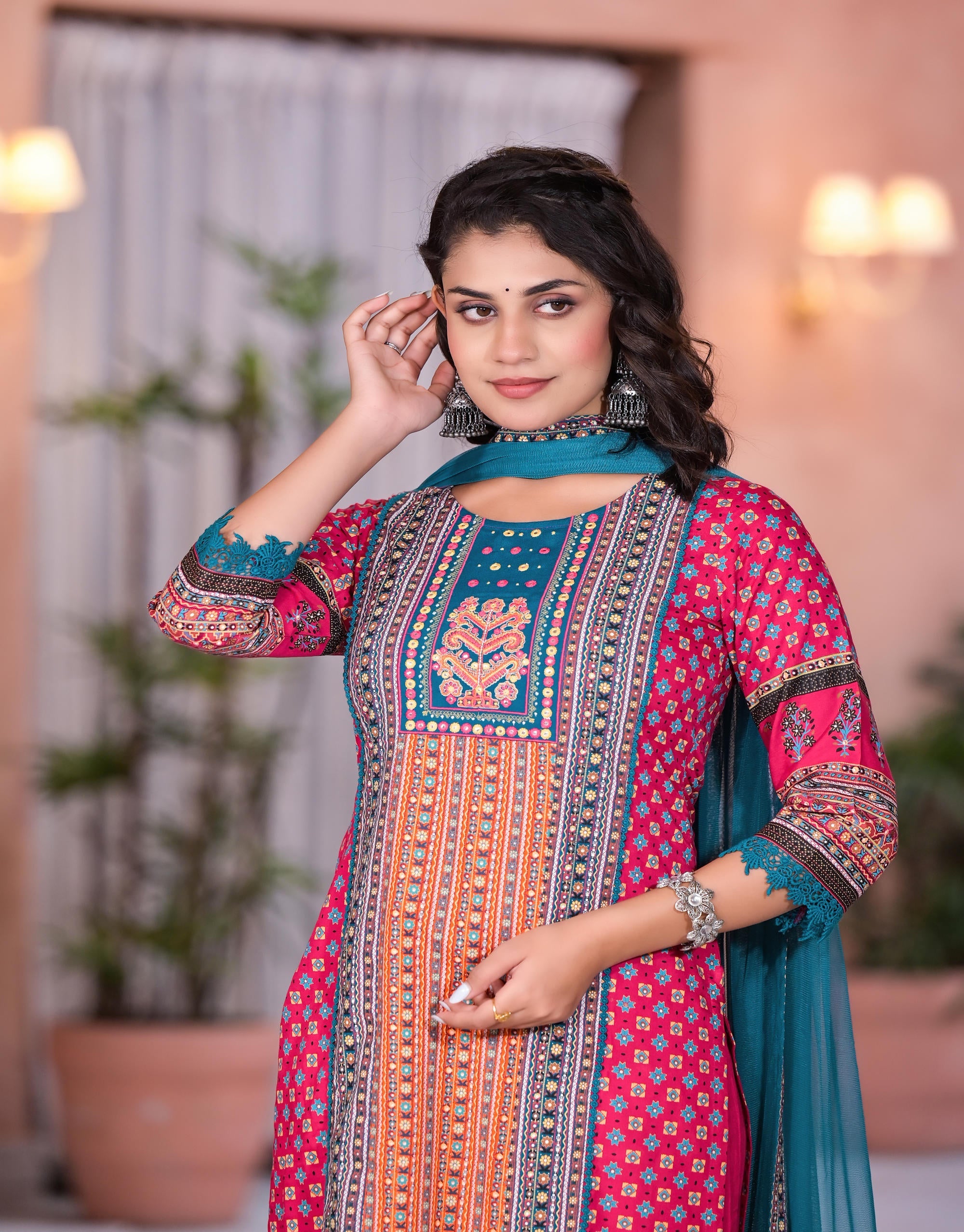 Fuchsia Ethnic Motif Printed Rayon Kurta Set With Thread & Mirror Work