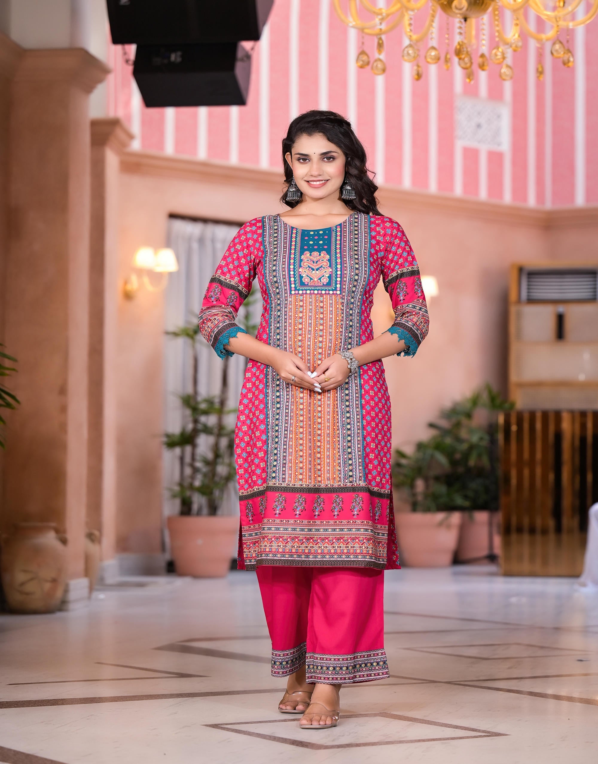 Fuchsia Ethnic Motif Printed Rayon Kurta Set With Thread & Mirror Work