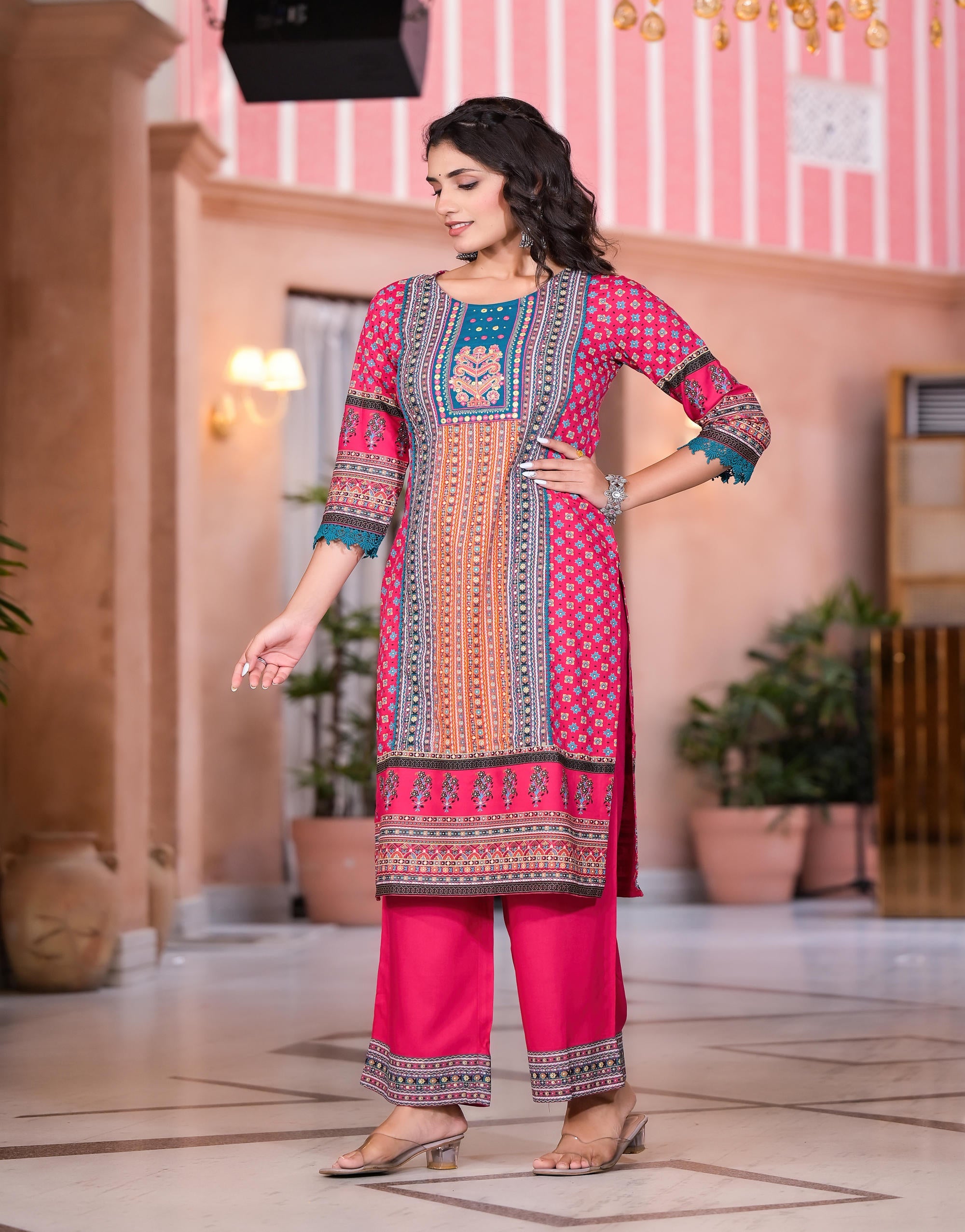 Fuchsia Ethnic Motif Printed Rayon Kurta Set With Thread & Mirror Work