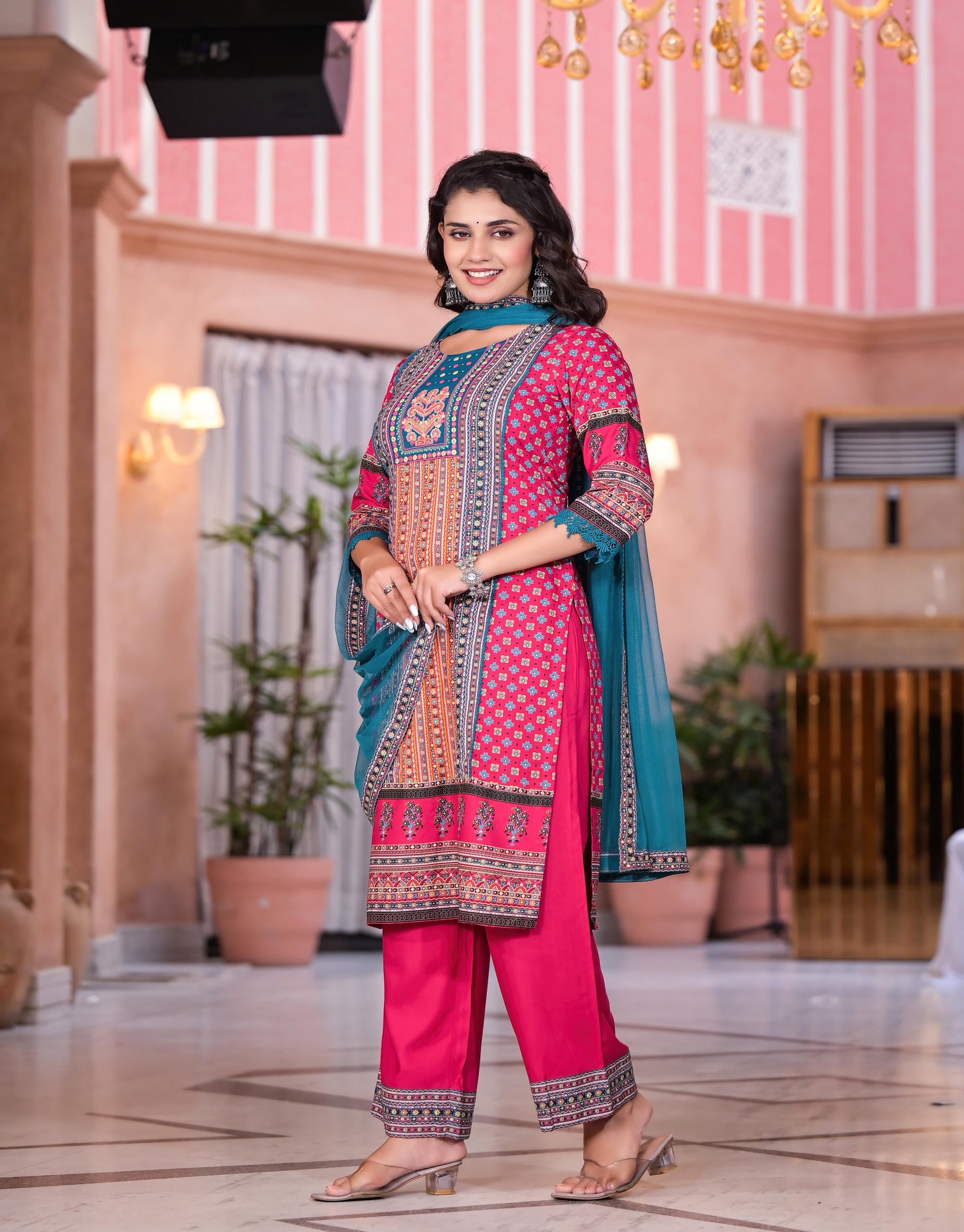 Fuchsia Ethnic Motif Printed Rayon Kurta Set With Thread & Mirror Work