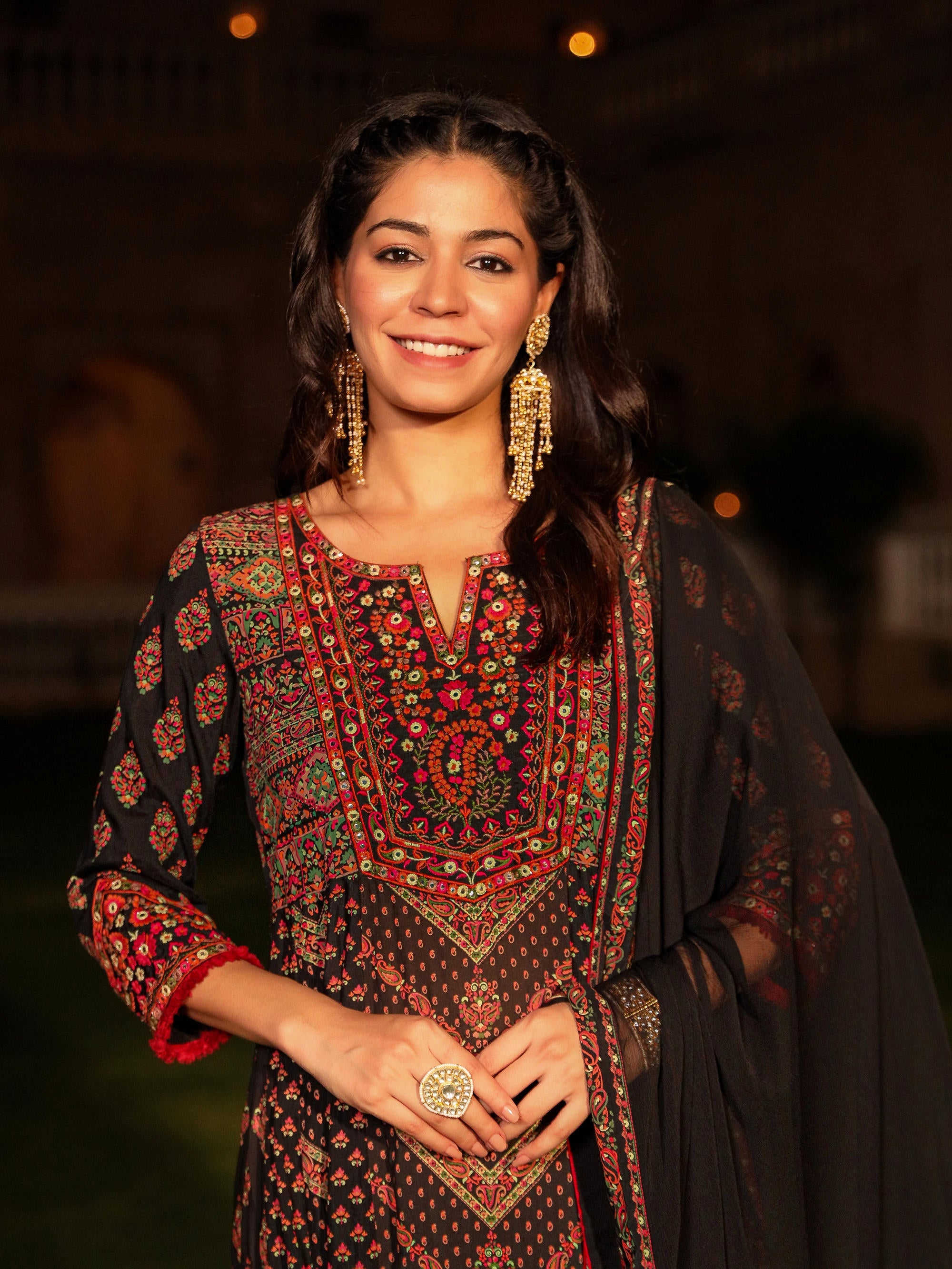 Black Ethnic Motif Printed Rayon Kurta Palazzo And Dupatta With thread & Mirror Work