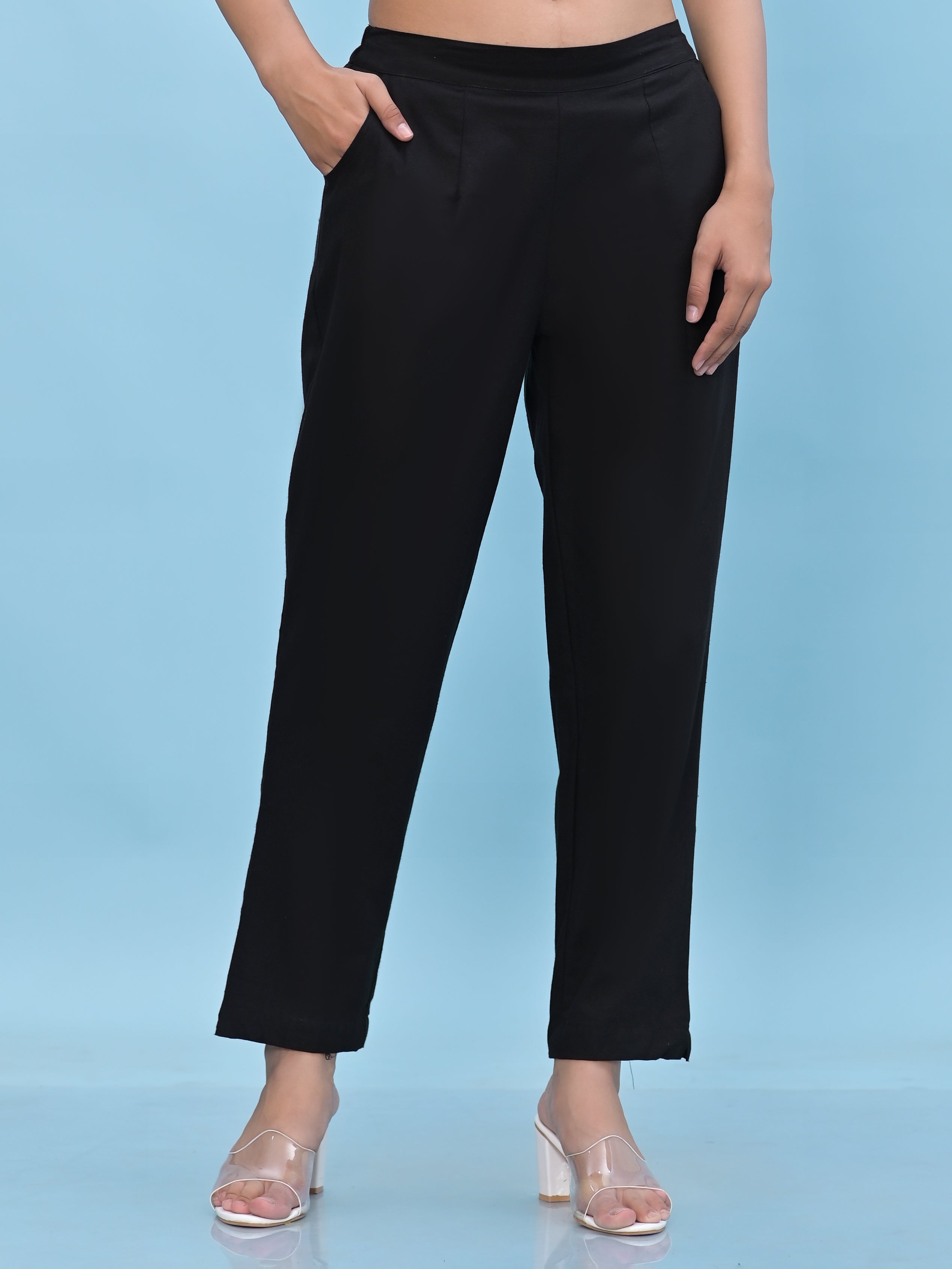 Juniper Women Black Solid Cotton Pants With Partially Elasticated Waistband And Two Side Pockets
