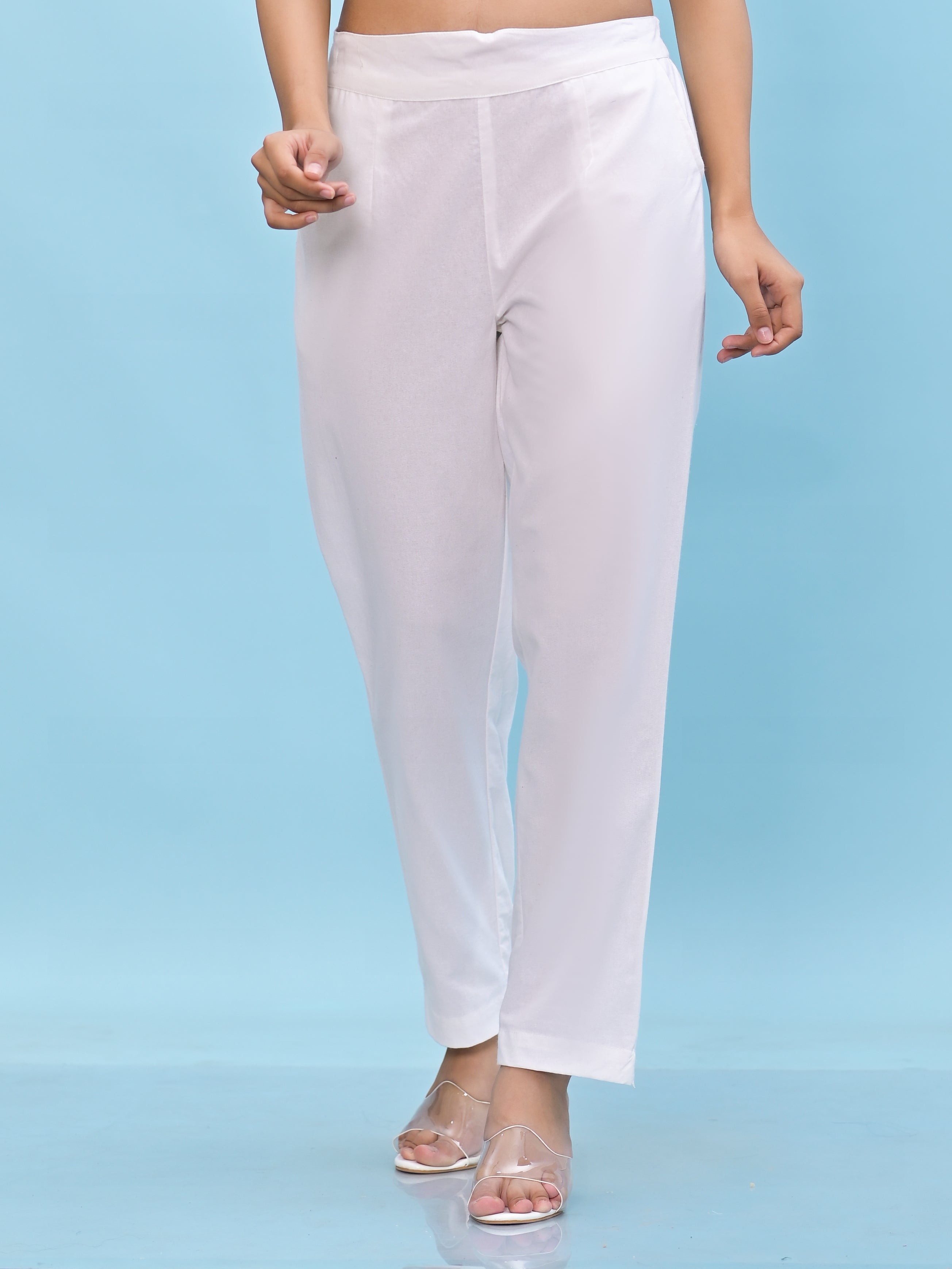 Juniper Women White Solid Cotton Pants With Partially Elasticated Waistband And Two Side Pockets
