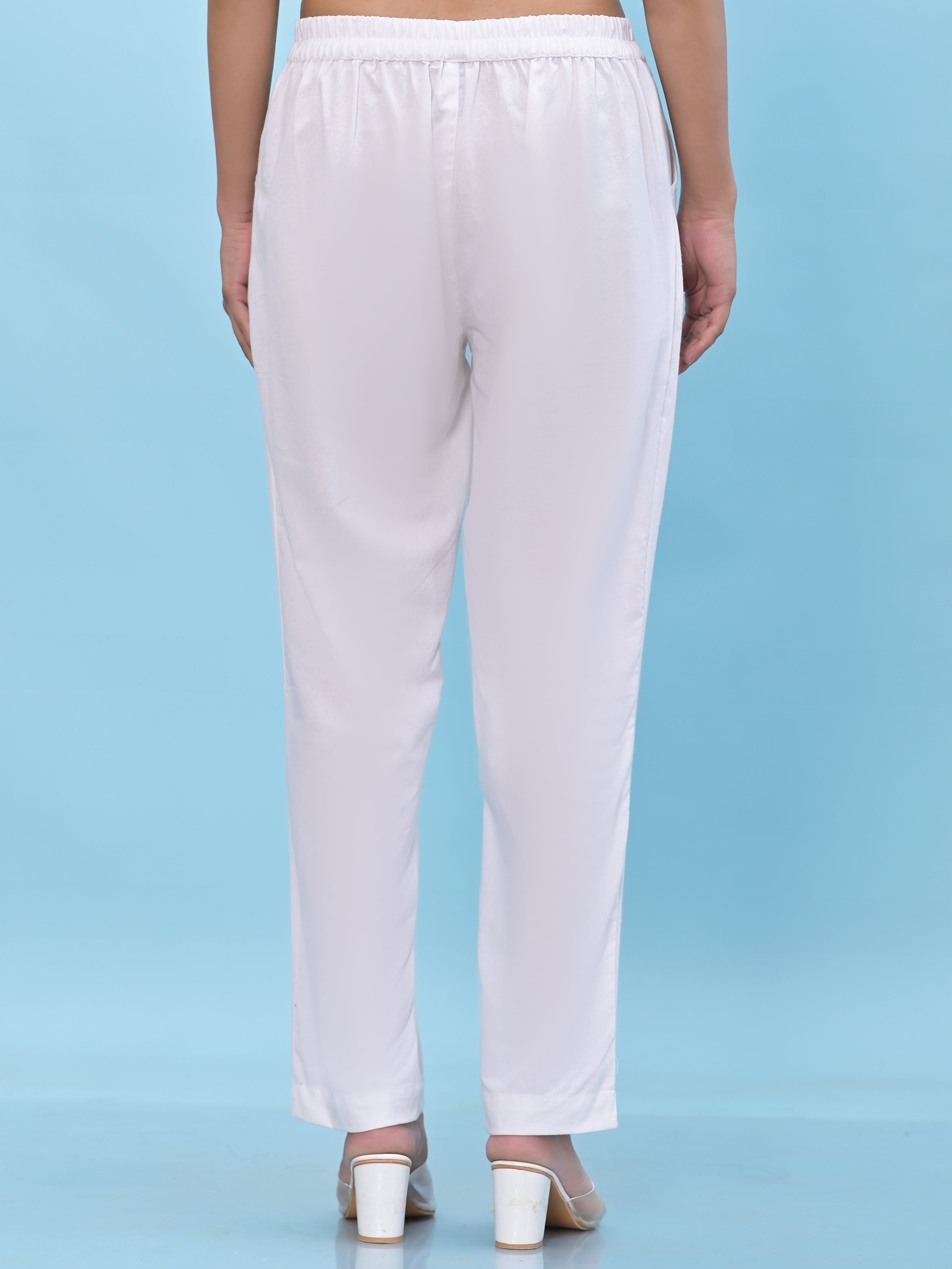 Juniper Women White Solid Cotton Pants With Partially Elasticated Waistband And Two Side Pockets