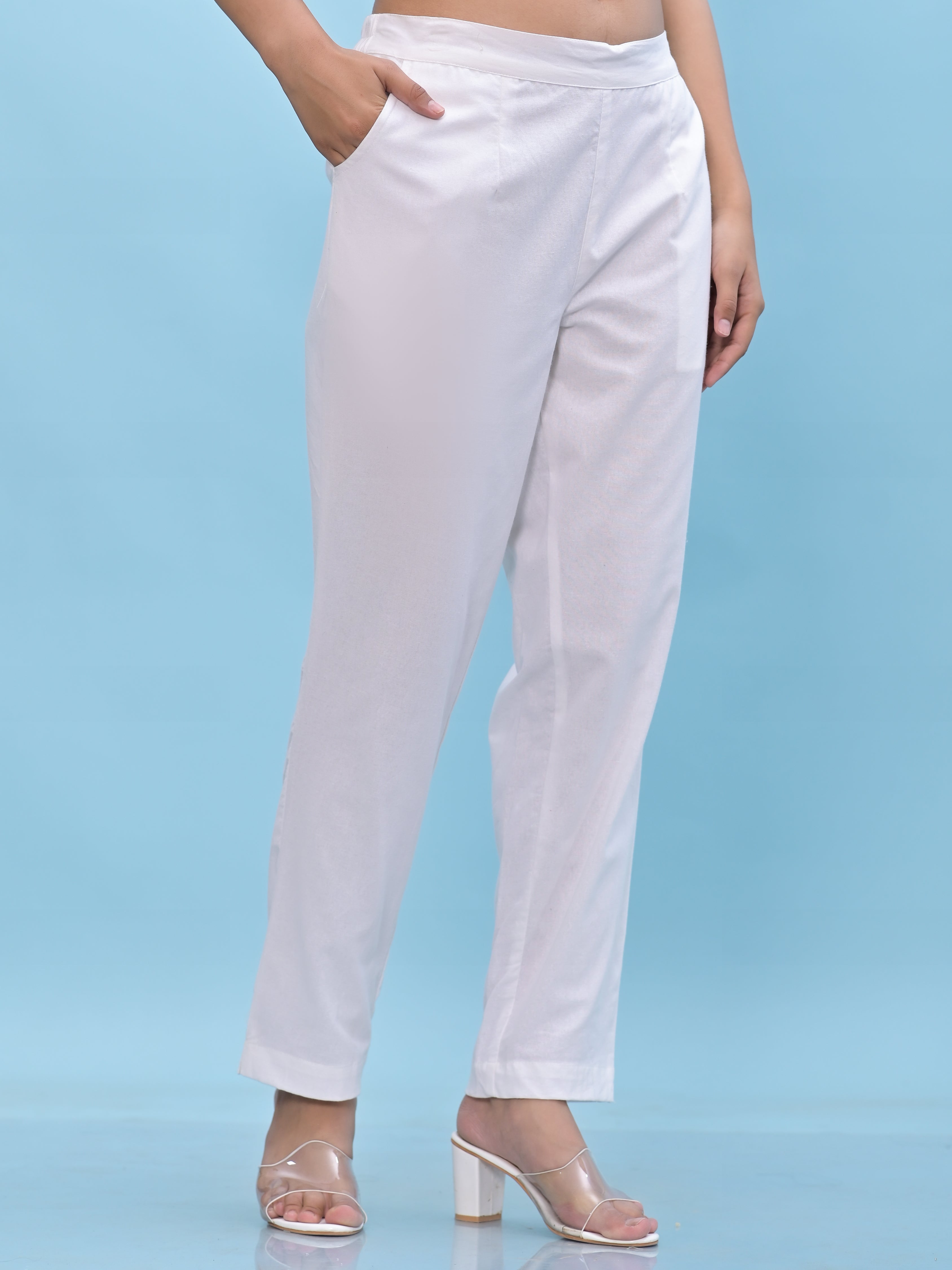 Juniper Women White Solid Cotton Pants With Partially Elasticated Waistband And Two Side Pockets
