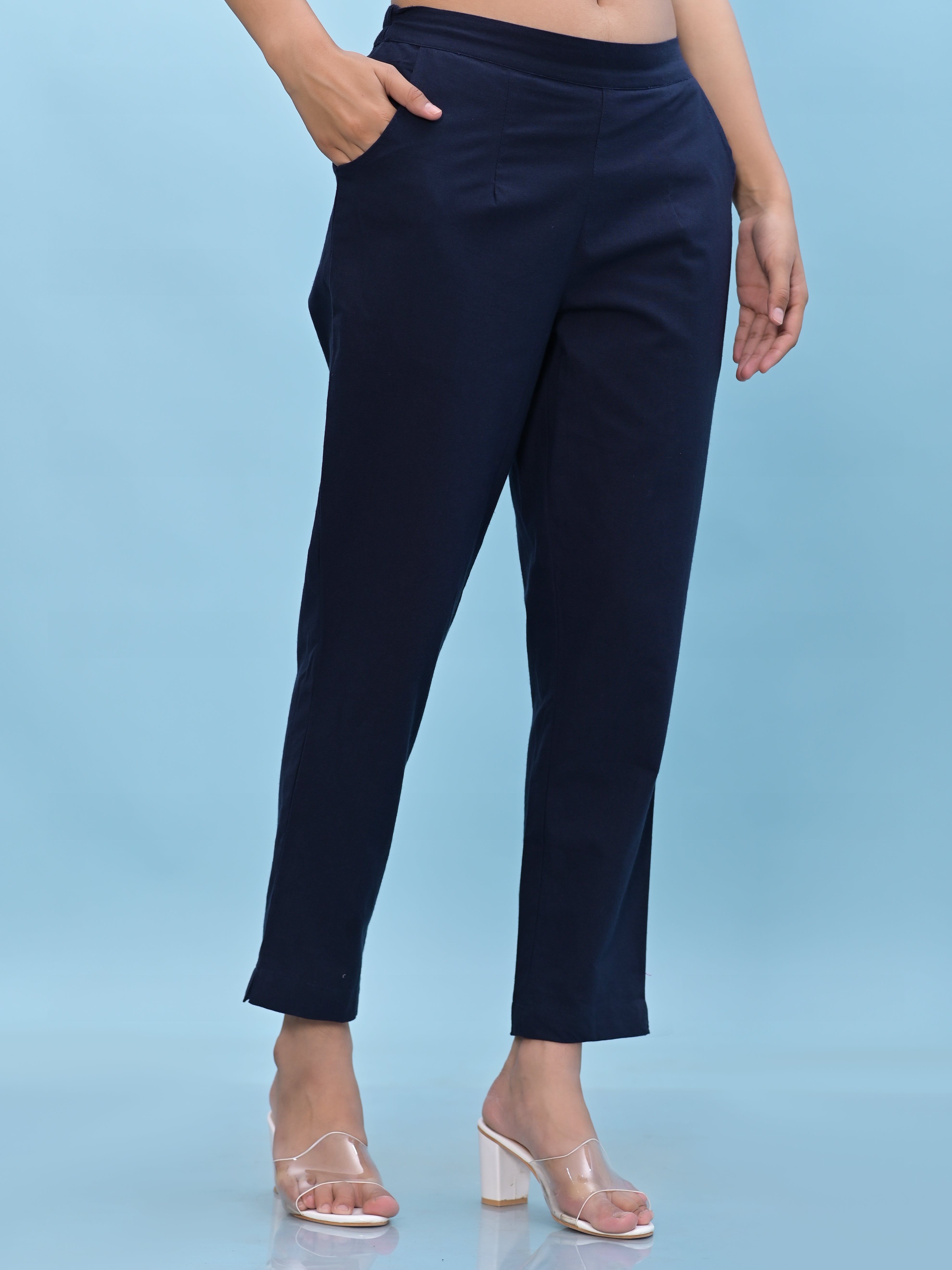 Juniper Women Navy Blue Solid Cotton Pants With Partially Elasticated Waistband And Two Side Pockets