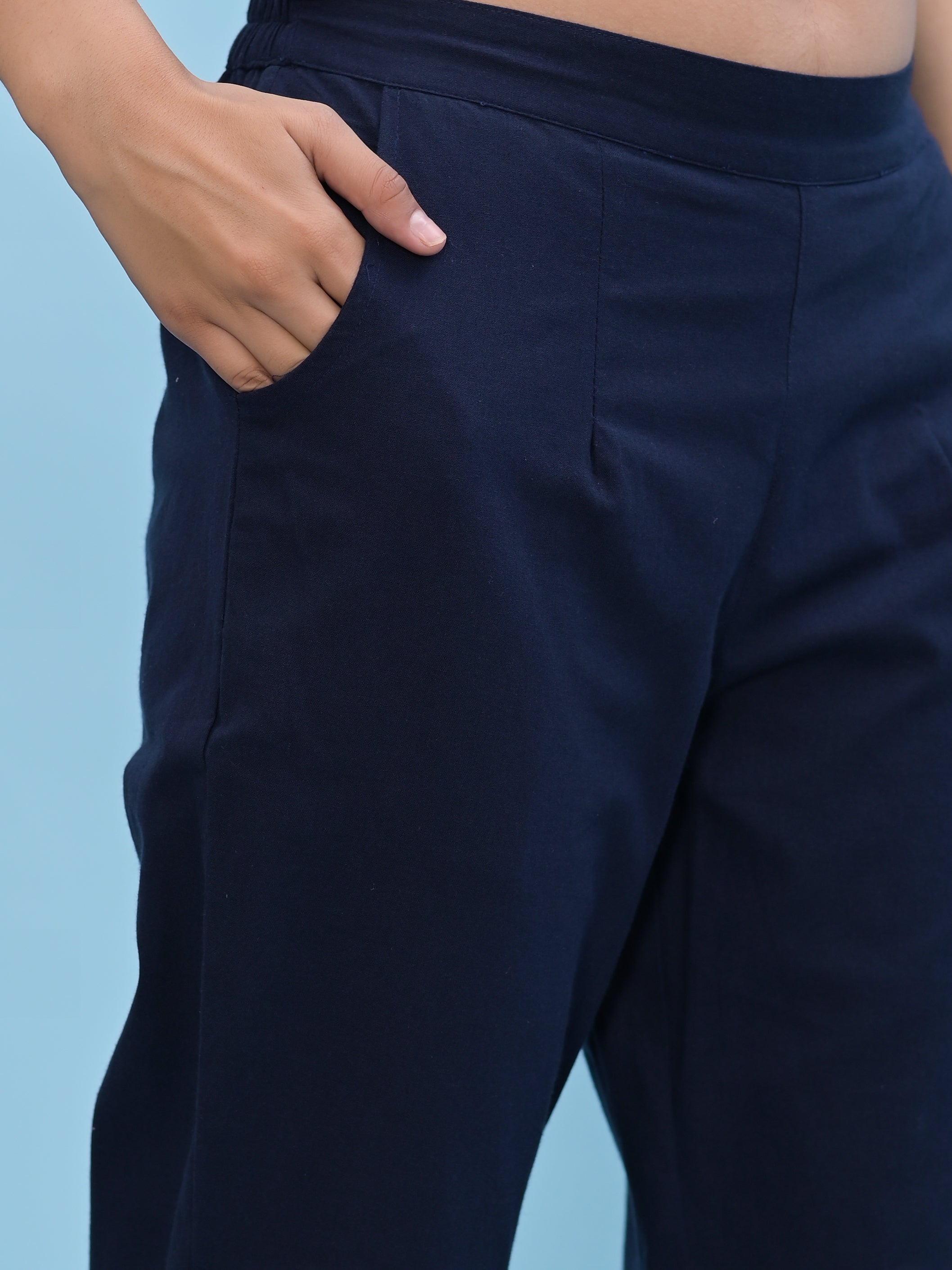 Juniper Women Navy Blue Solid Cotton Pants With Partially Elasticated Waistband And Two Side Pockets