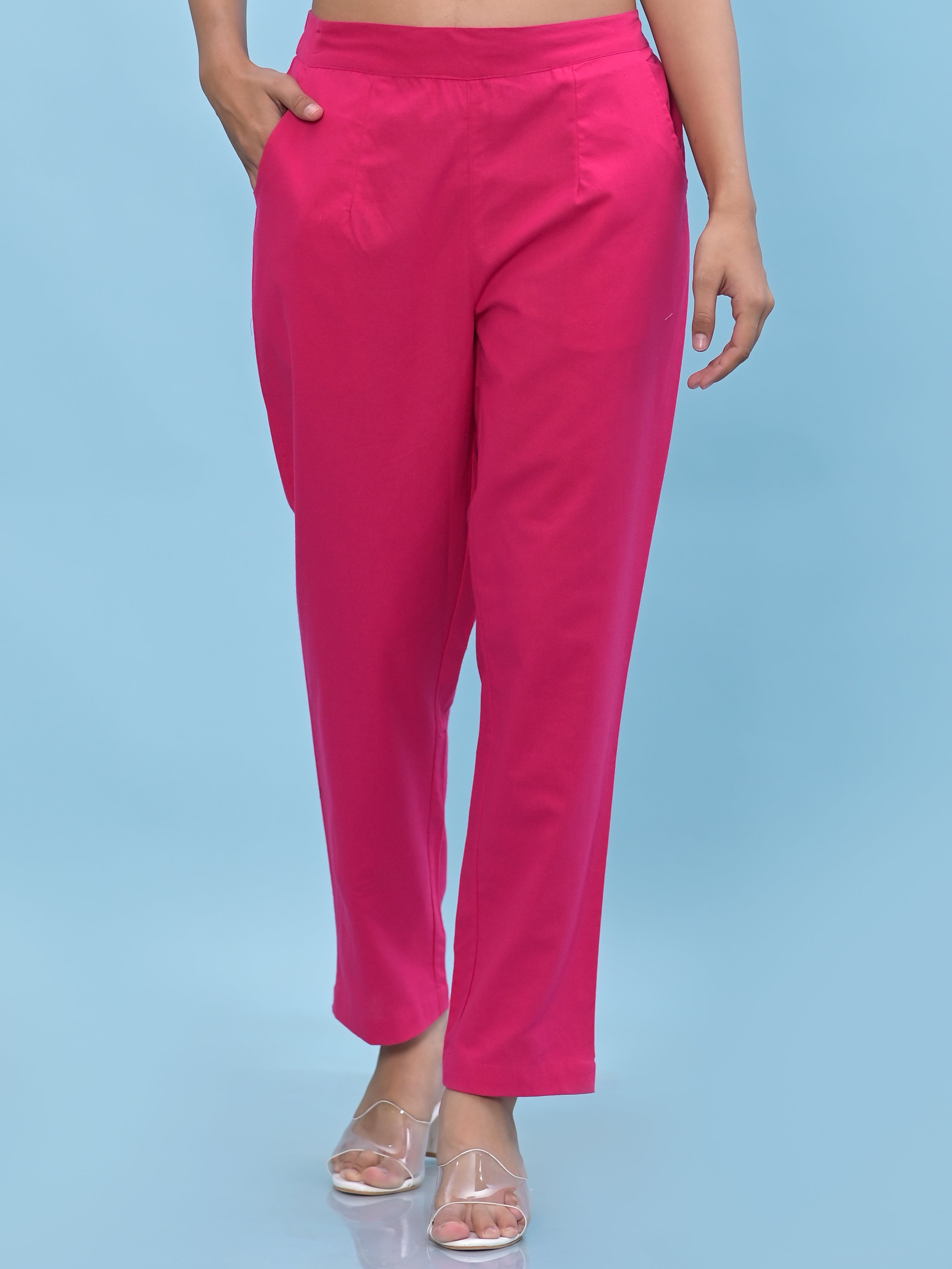 Juniper Women Fuchsia Solid Cotton Pants With Partially Elasticated Waistband And Two Side Pockets