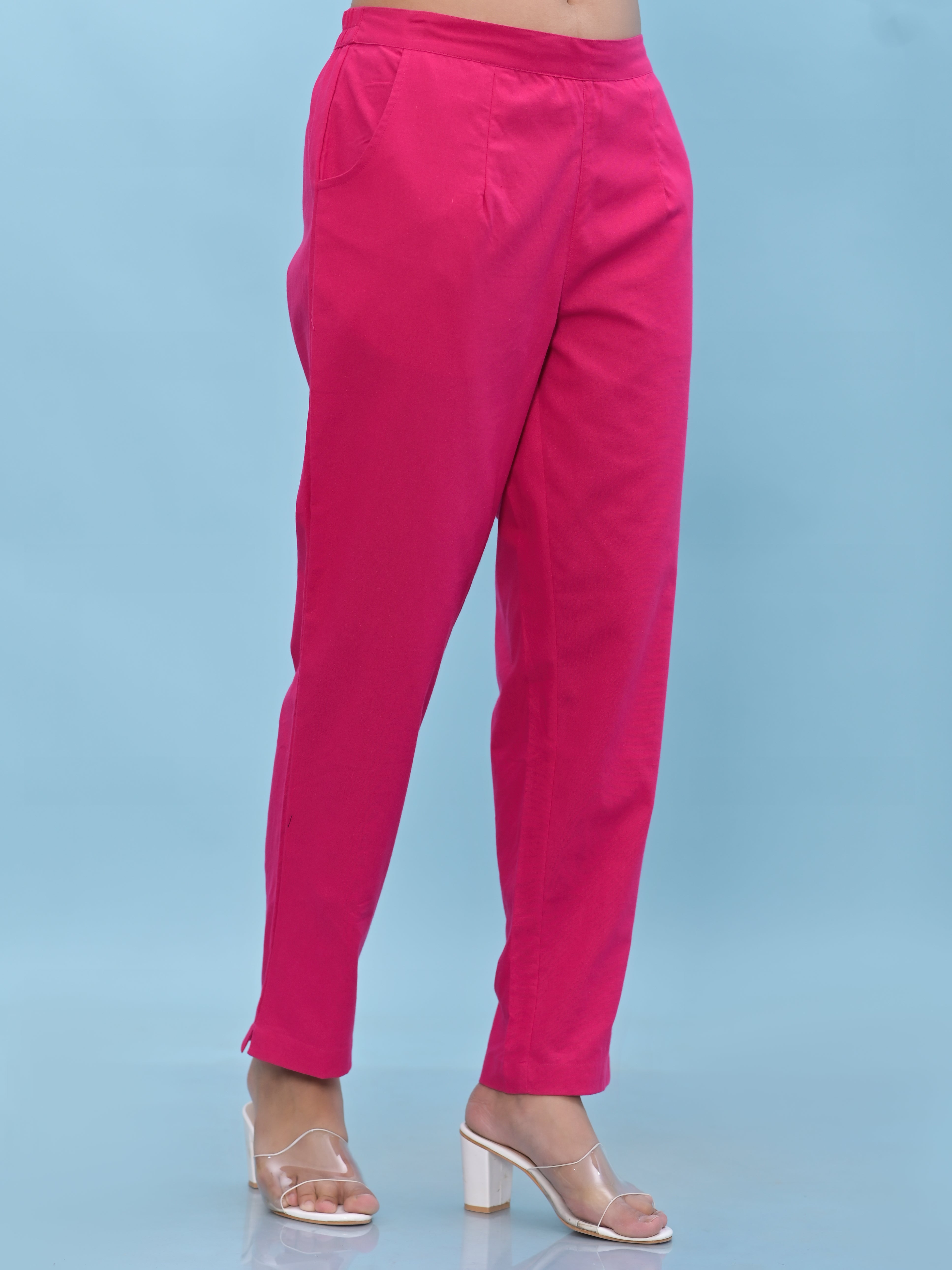Juniper Women Fuchsia Solid Cotton Pants With Partially Elasticated Waistband And Two Side Pockets