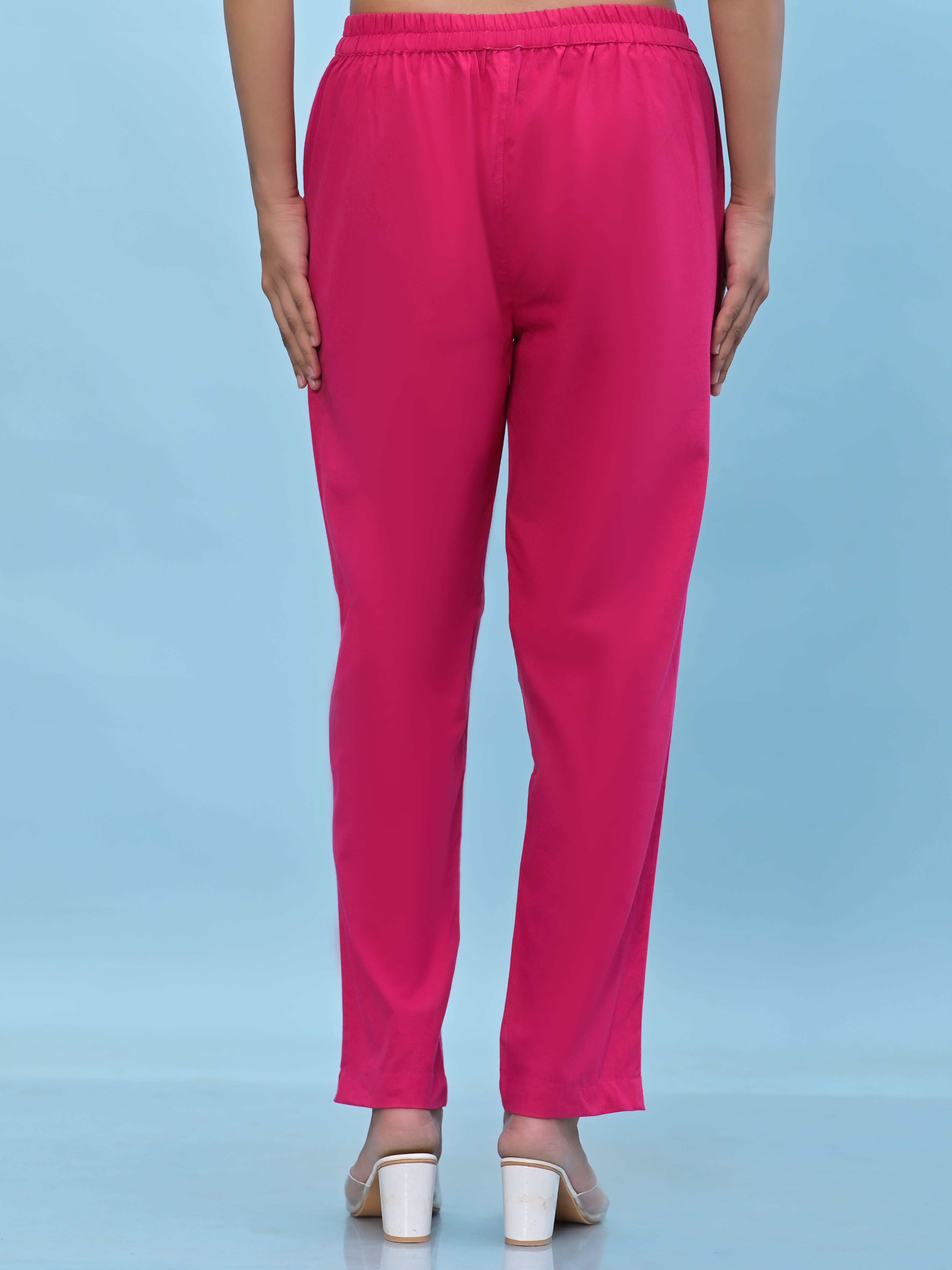 Juniper Women Fuchsia Solid Cotton Pants With Partially Elasticated Waistband And Two Side Pockets