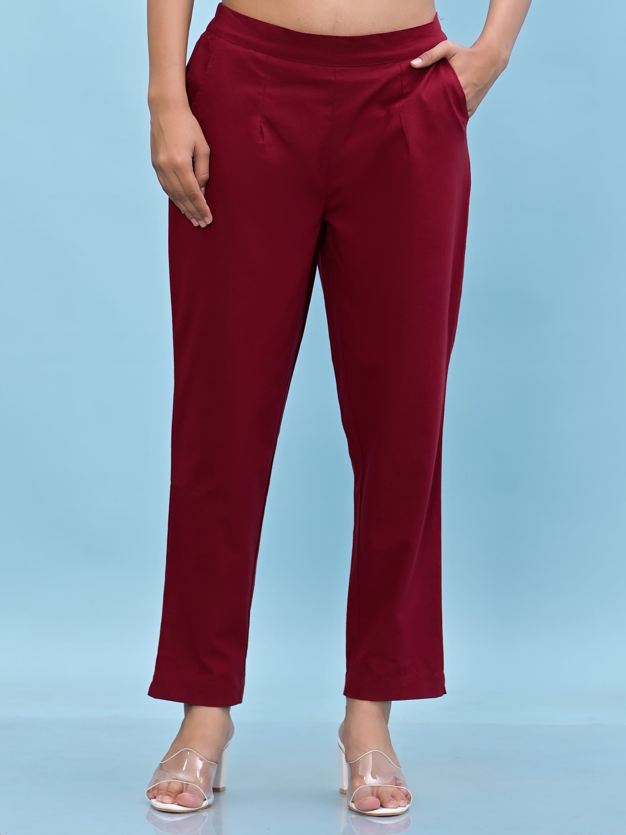 Juniper Women Maroon Solid Cotton Pants With Partially Elasticated Waistband And Two Side Pockets