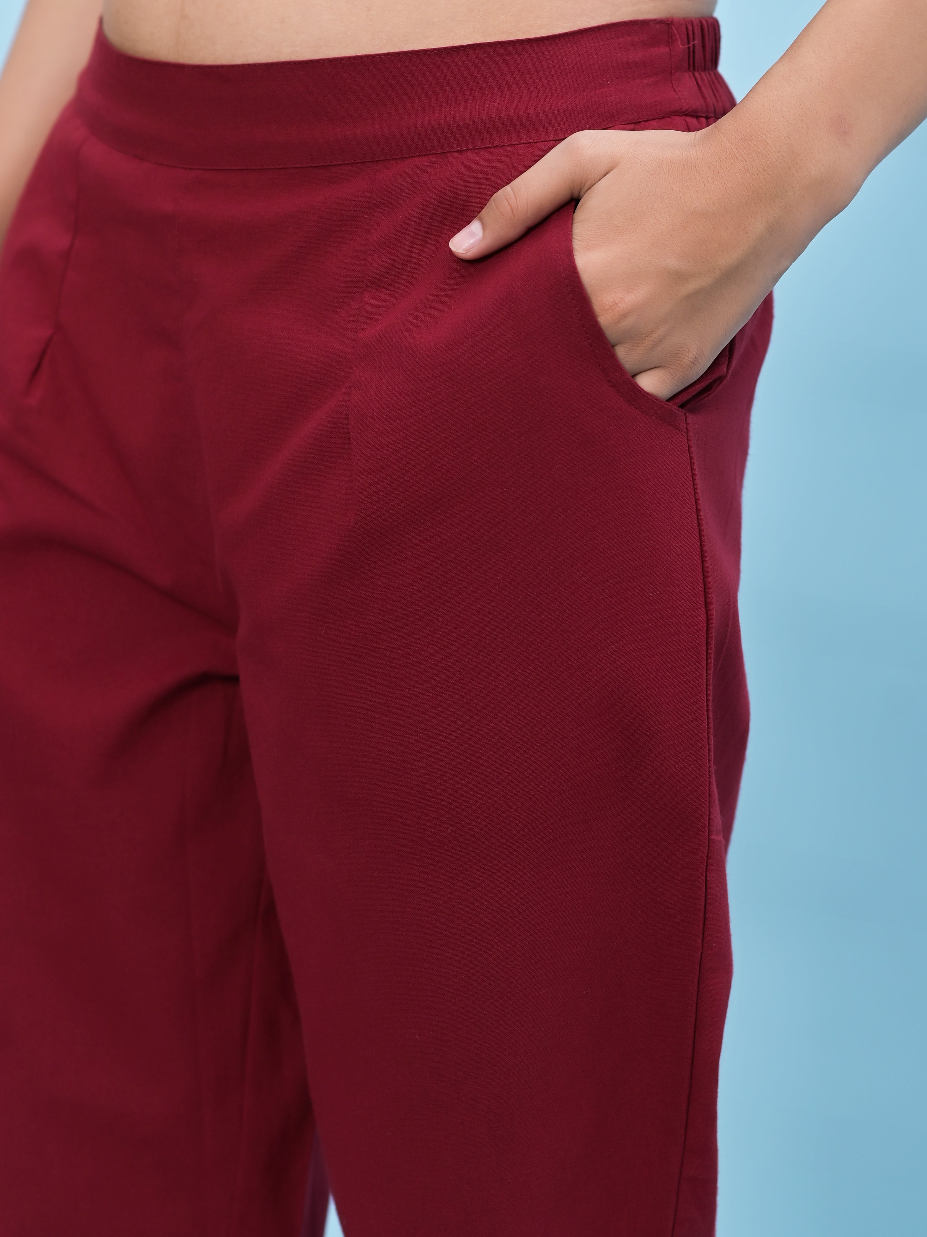 Juniper Women Maroon Solid Cotton Pants With Partially Elasticated Waistband And Two Side Pockets