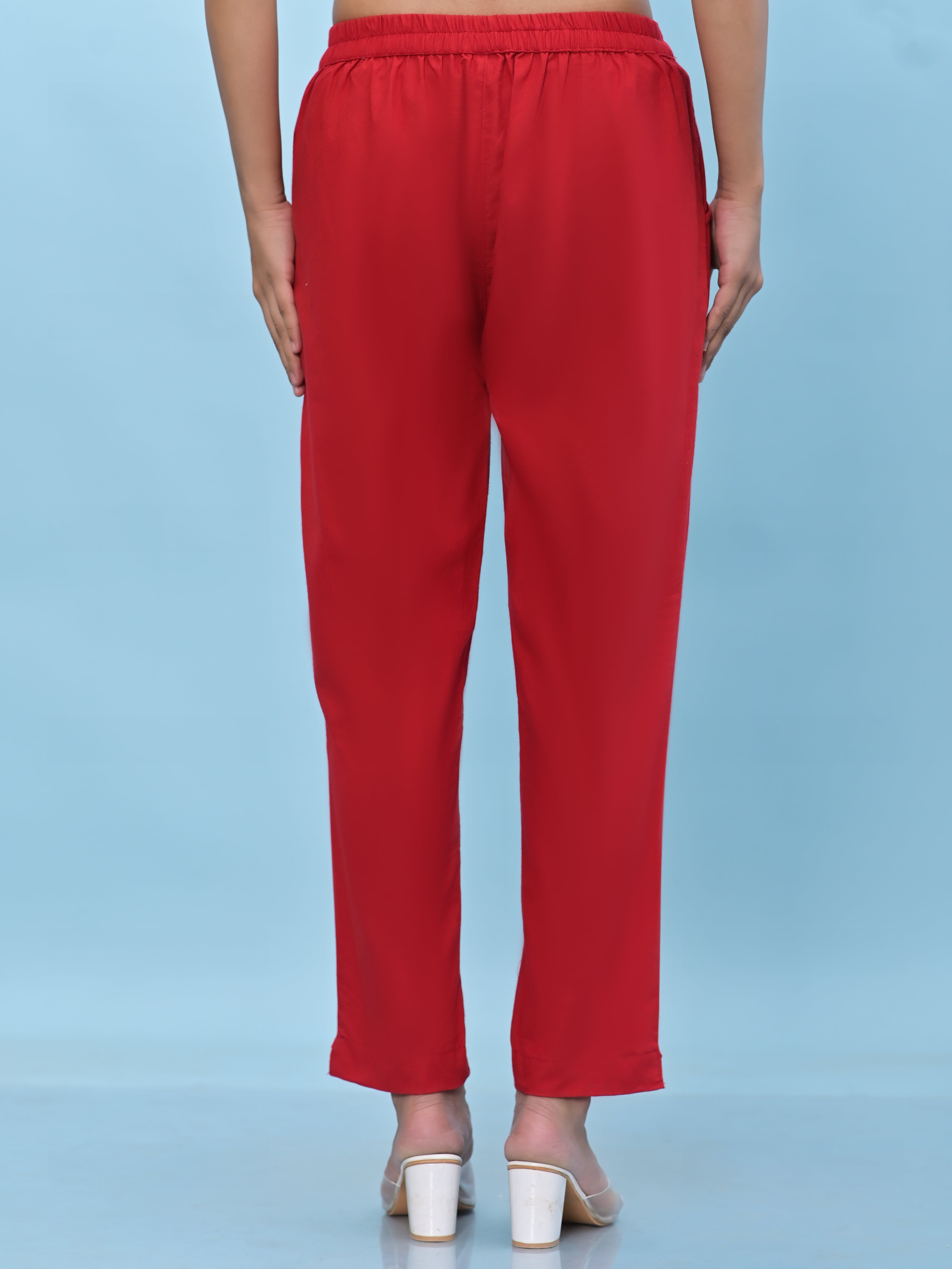 Juniper Women Red Solid Cotton Pants With Partially Elasticated Waistband And Two Side Pockets