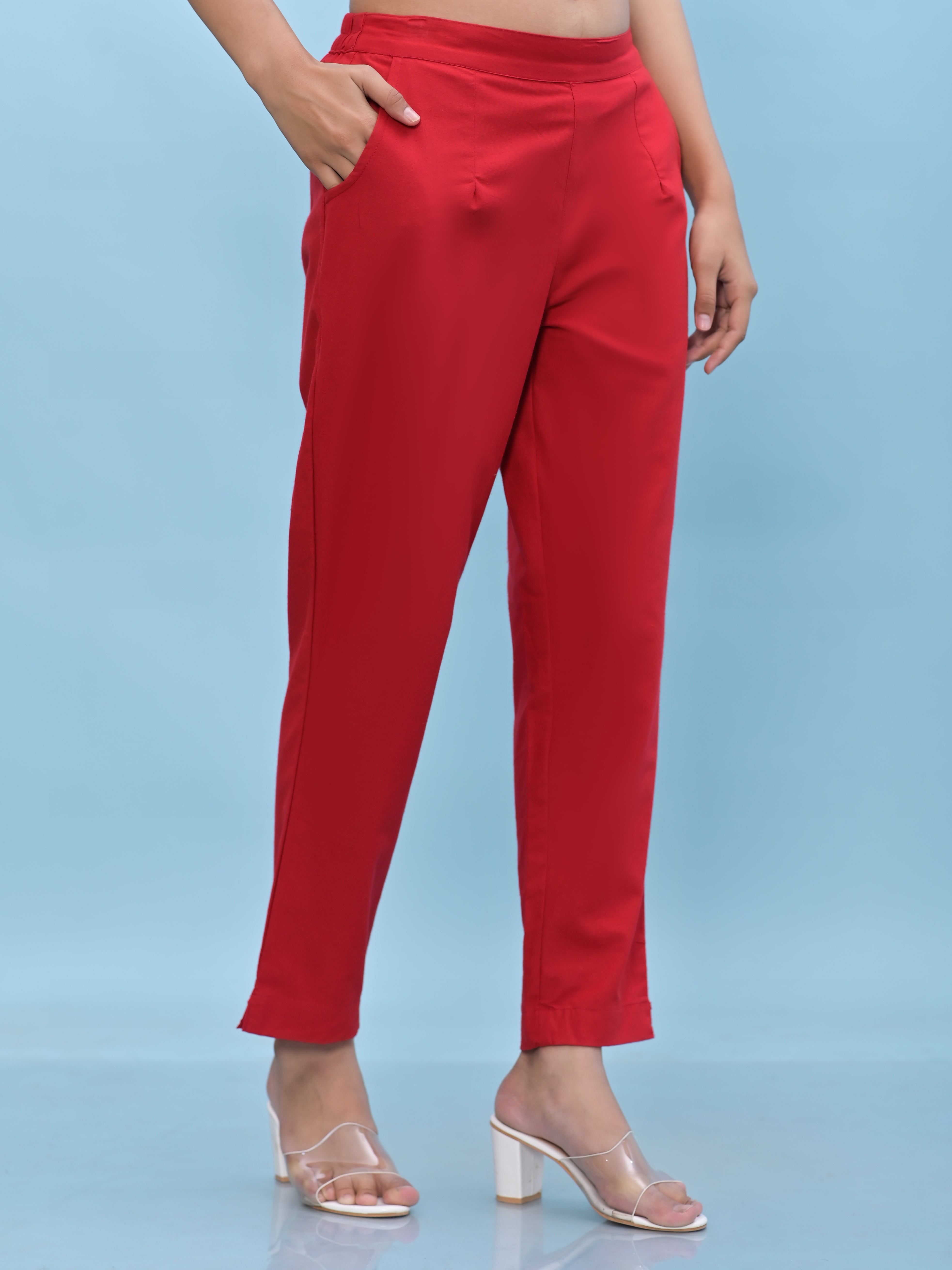Juniper Women Red Solid Cotton Pants With Partially Elasticated Waistband And Two Side Pockets