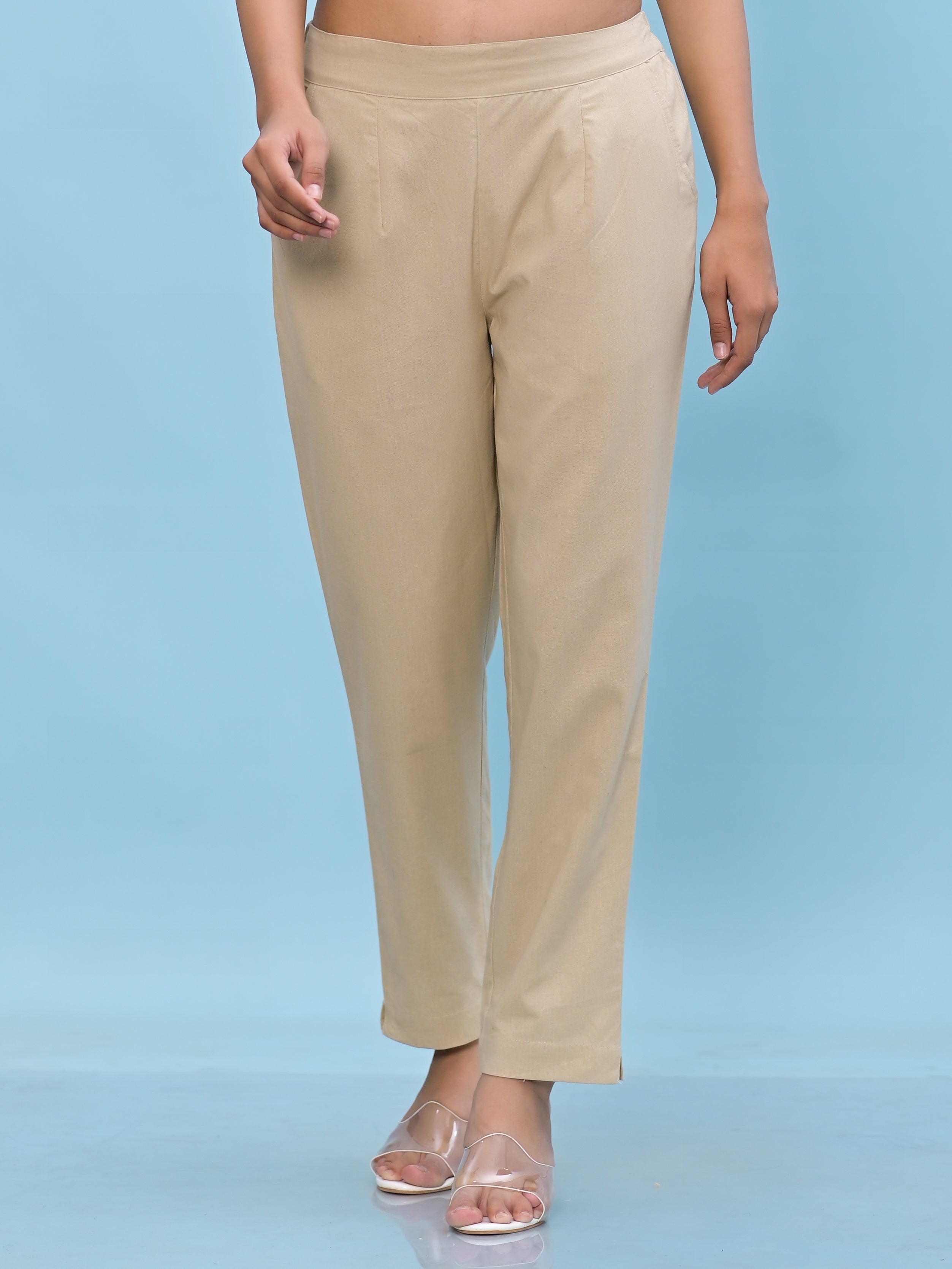 Juniper Women Beige Solid Cotton Pants With Partially Elasticated Waistband And Two Side Pockets